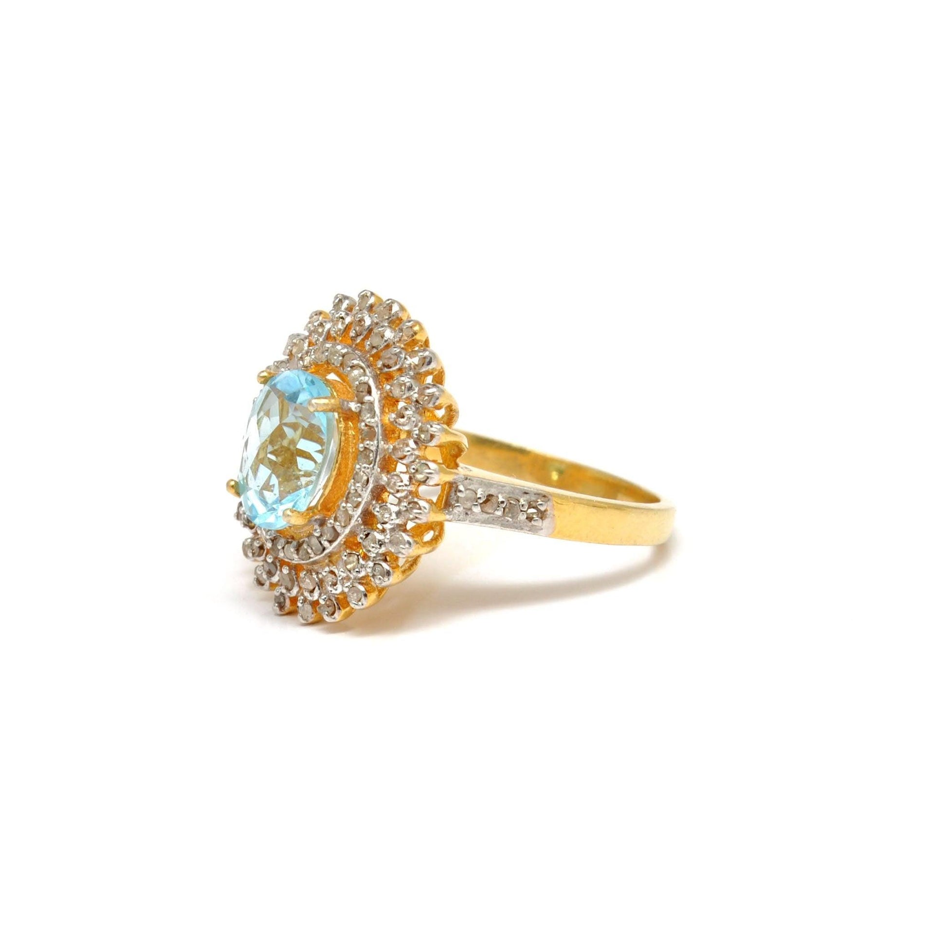 Sterling Silver Gold Plated Blue Topaz & Diamond Halo Victorian Ring 10 US - Kanika Creations