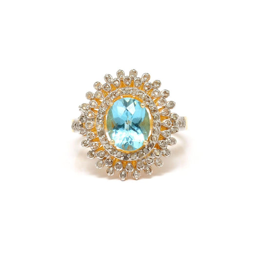 Sterling Silver Gold Plated Blue Topaz & Diamond Halo Victorian Ring 10 US - Kanika Creations