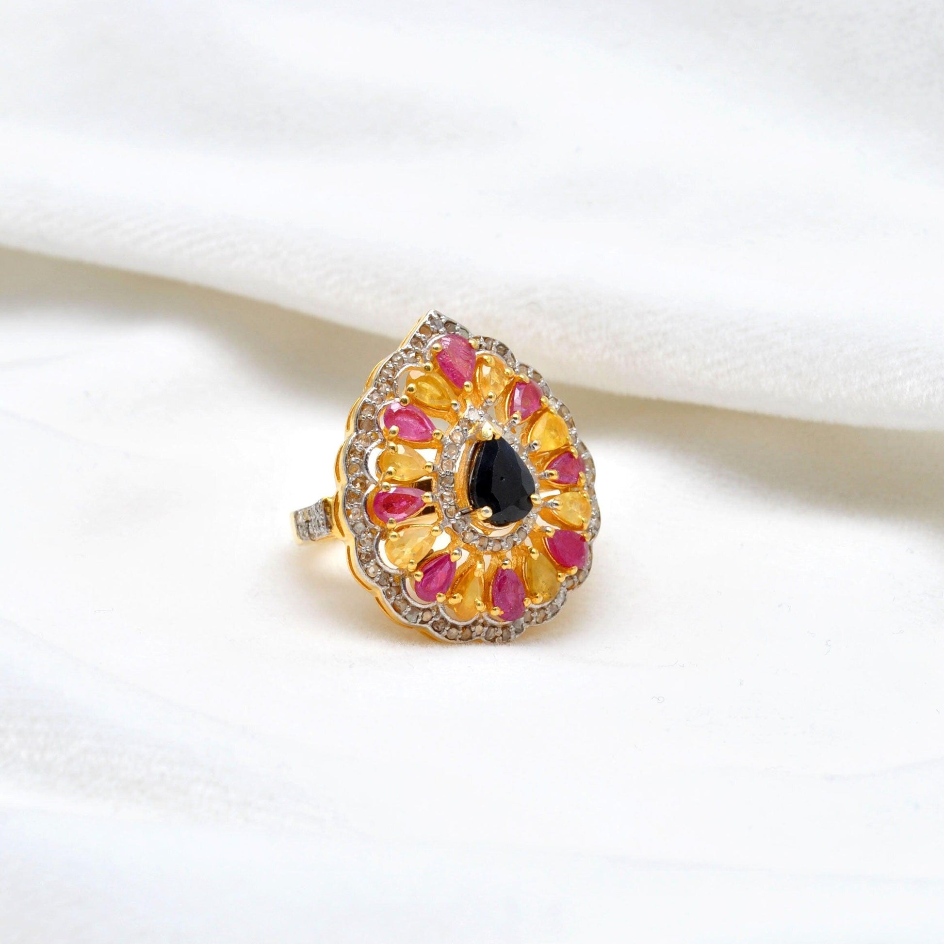 Multi Gemstone Diamond Victorian 18k Gold Ring Size 7 - Kanika Creations