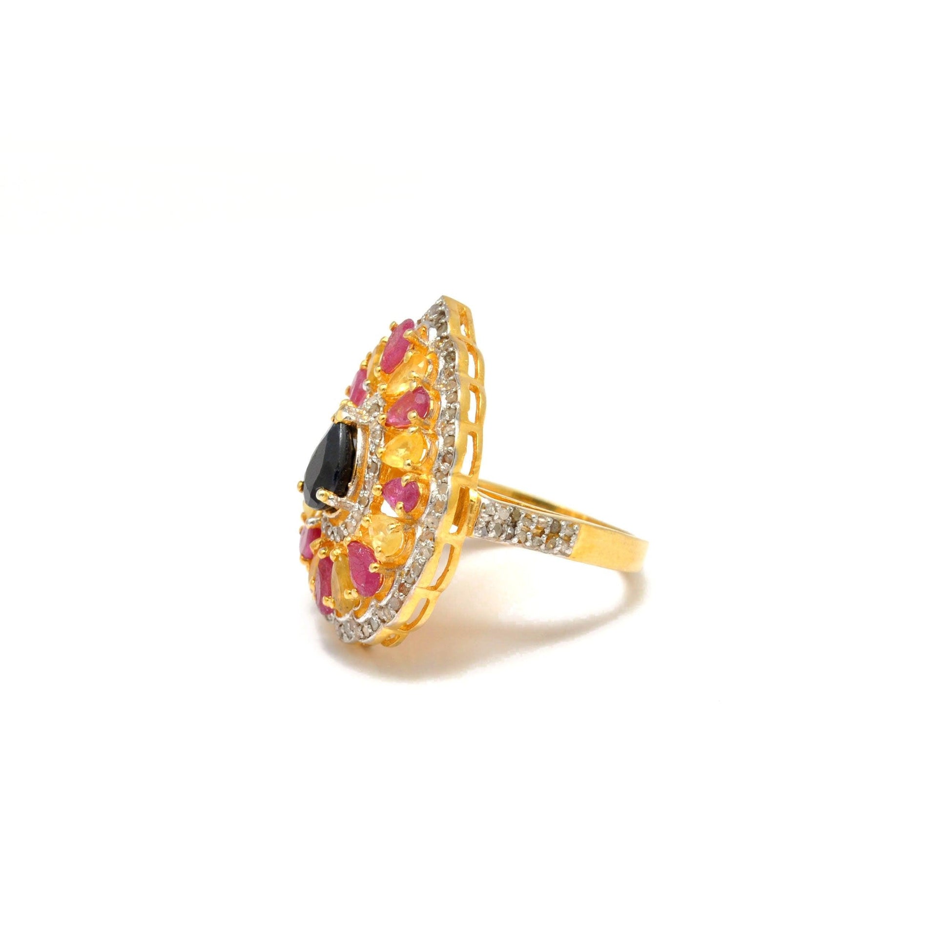 Multi Gemstone Diamond Victorian 18k Gold Ring Size 7 - Kanika Creations
