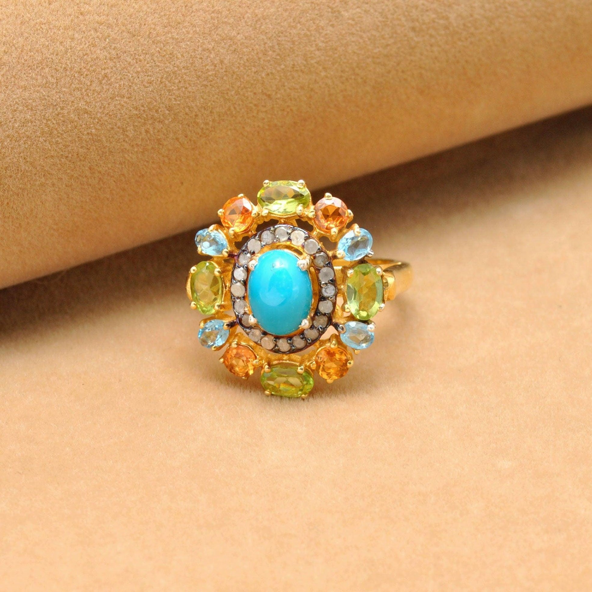 Multi Gemstone Diamond 18k Gold Plated Turquoise Victorian Rings - Kanika Creations