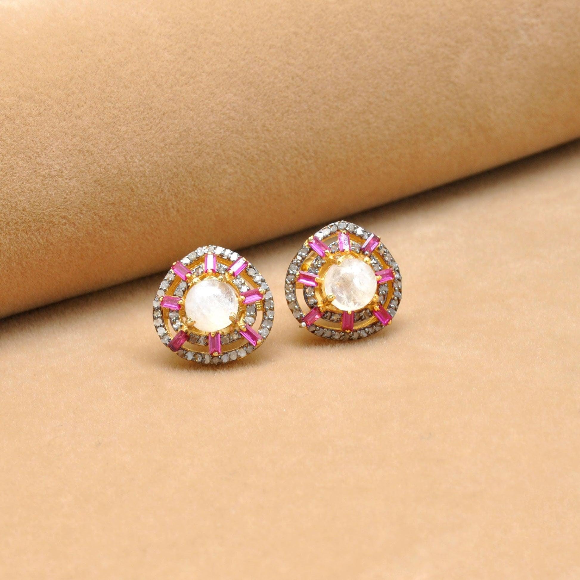 Victorian Moonstone Stud Diamond Ruby Jewelry - Kanika Creations