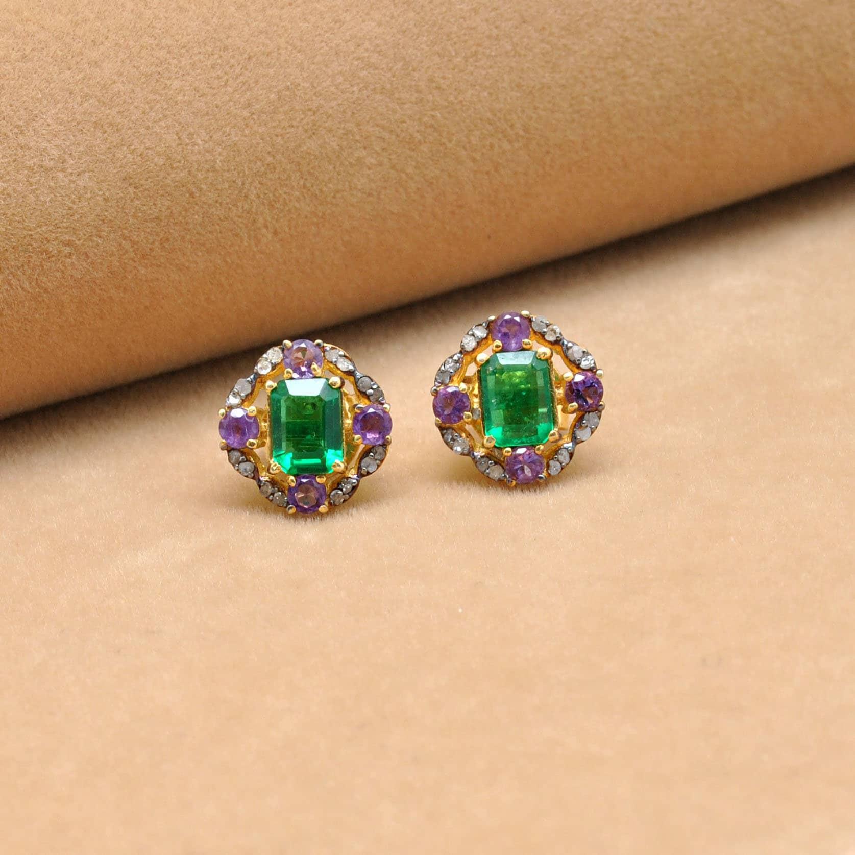 Baguette Emerald Amethyst Pave Diamond Stud Earring Jewelry - Kanika Creations