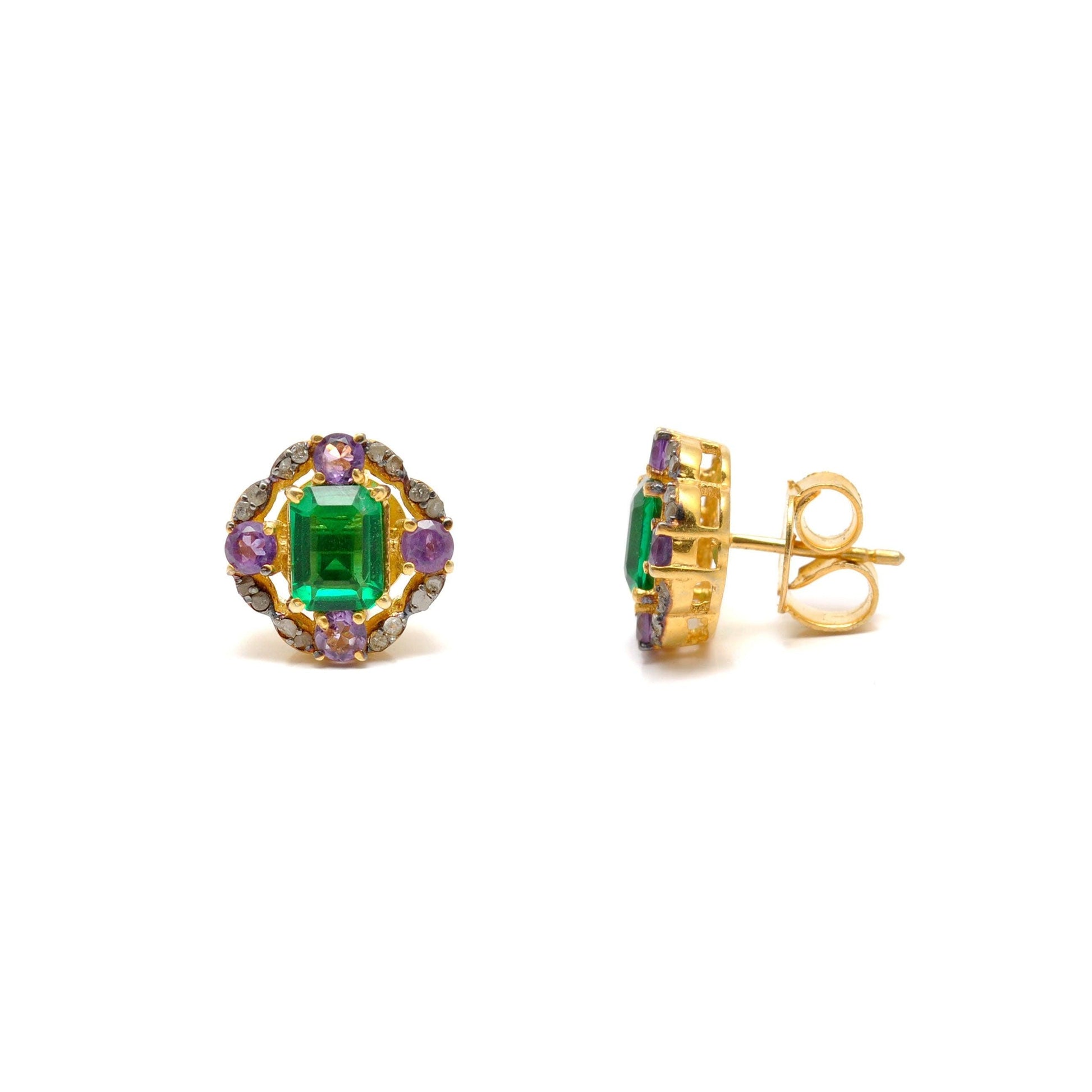 Baguette Emerald Amethyst Pave Diamond Stud Earring Jewelry - Kanika Creations