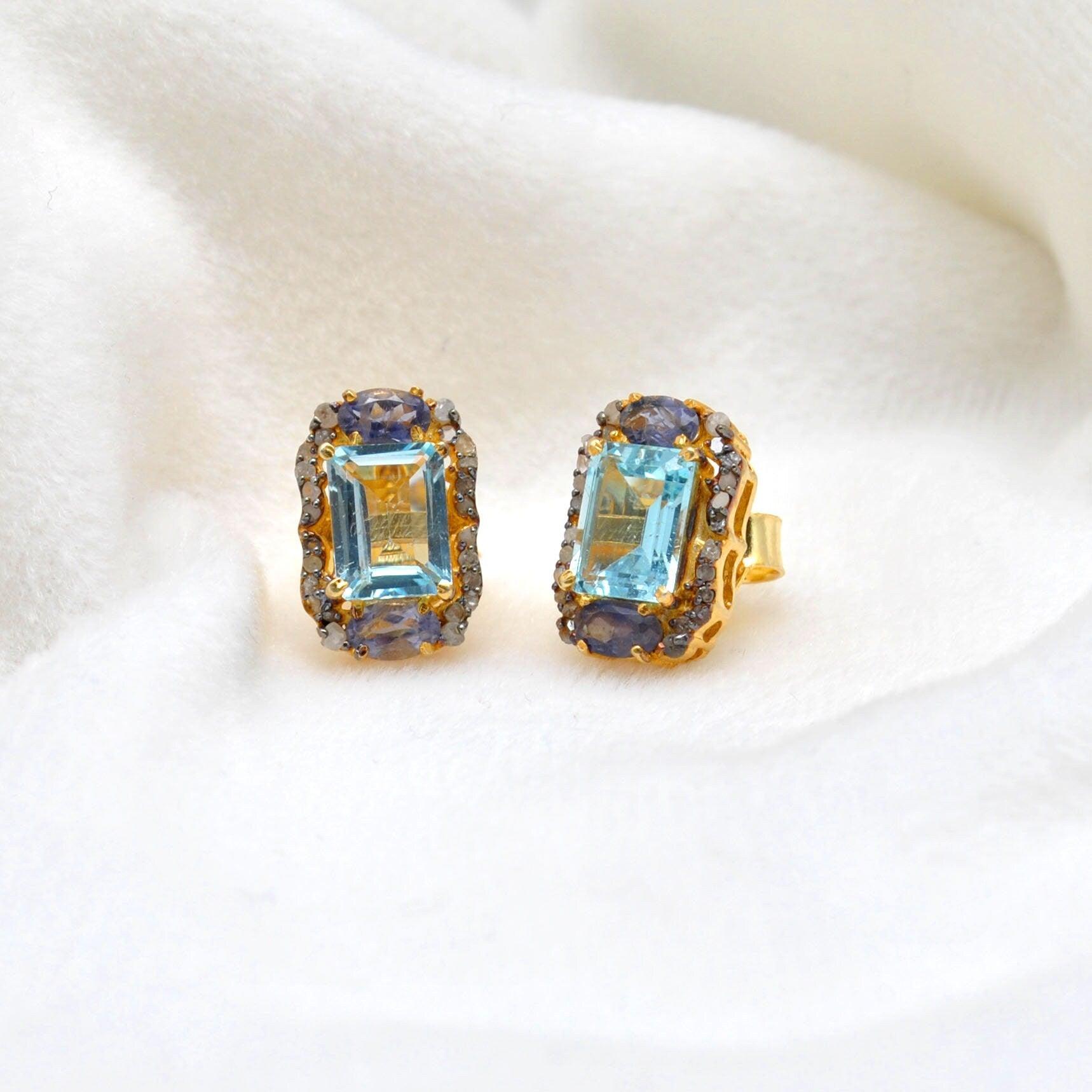 Blue Topaz Pave Diamond Earrings Stud Earring - Kanika Creations