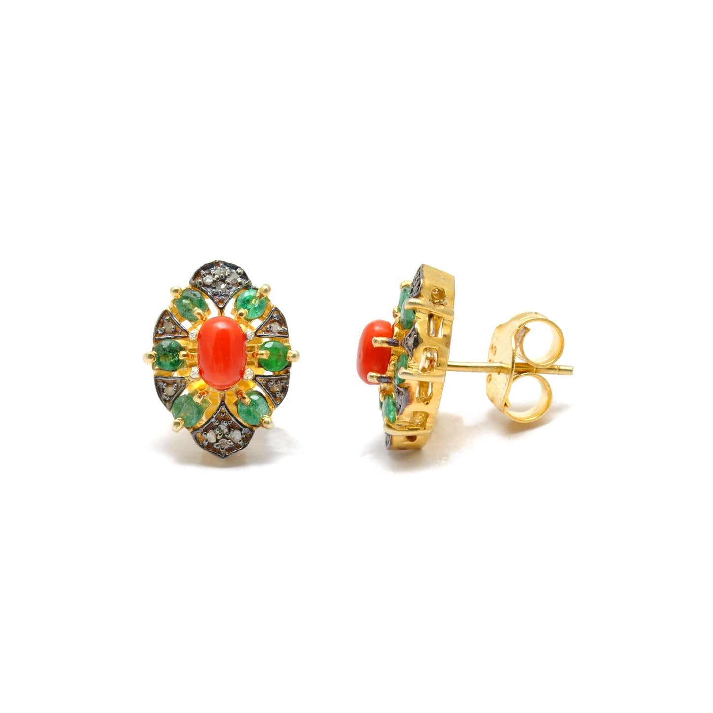 Coral Emerald & Pave Diamond Stud Earrings - Kanika Creations