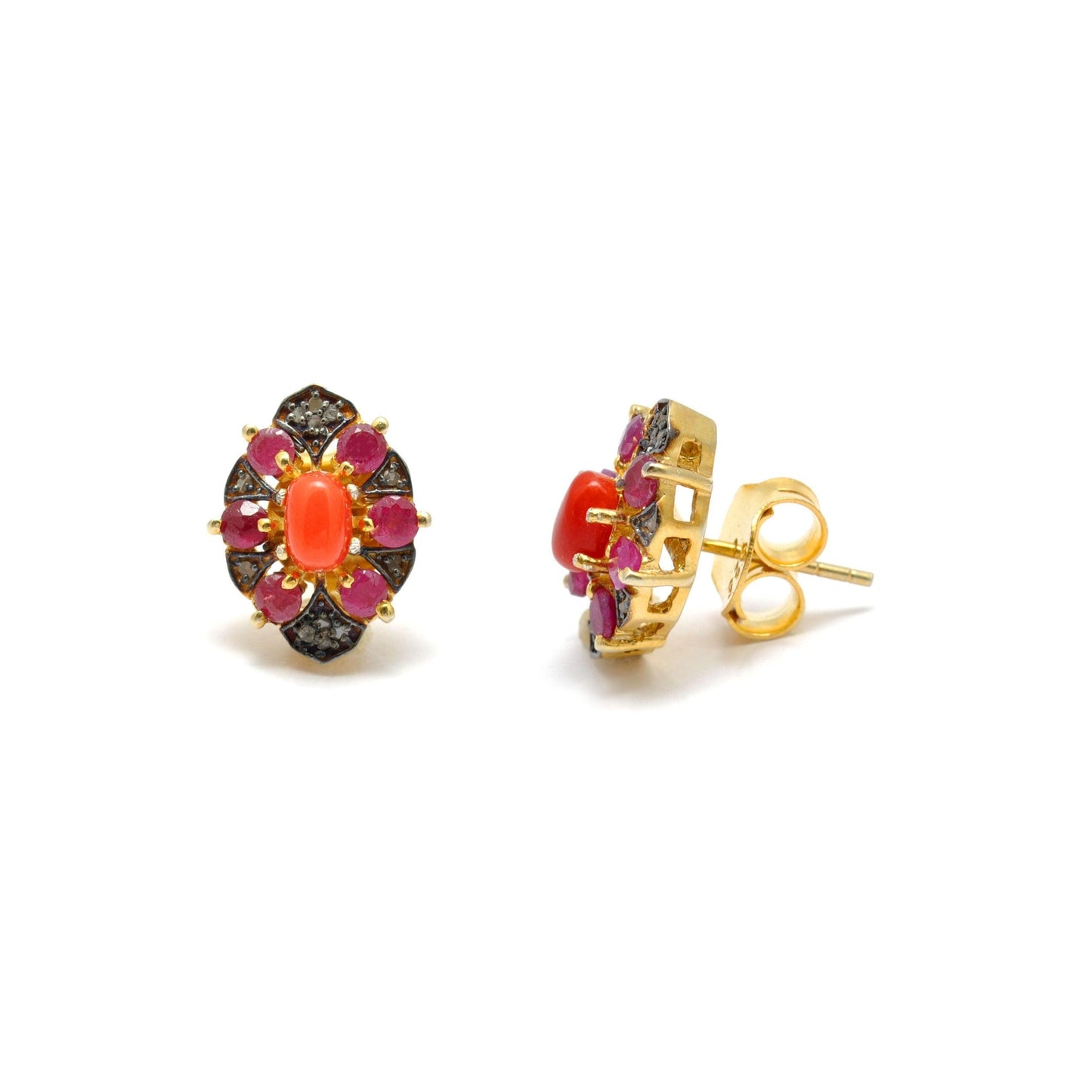 Victorian Coral with Ruby Pave Diamond Stud Earring - Kanika Creations