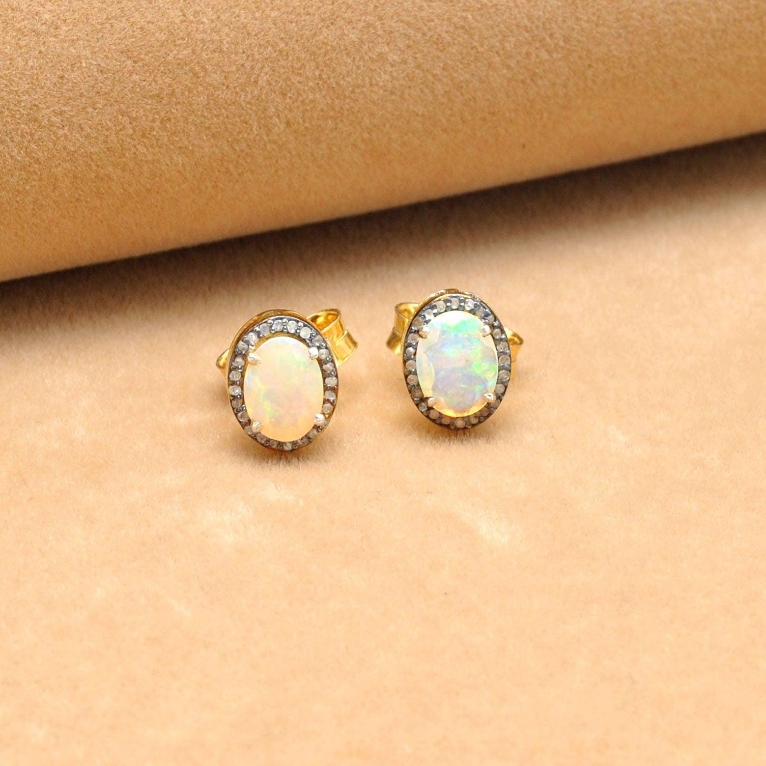 Ethiopian Opal Diamond Stud Earring Gift For Her - Kanika Creations