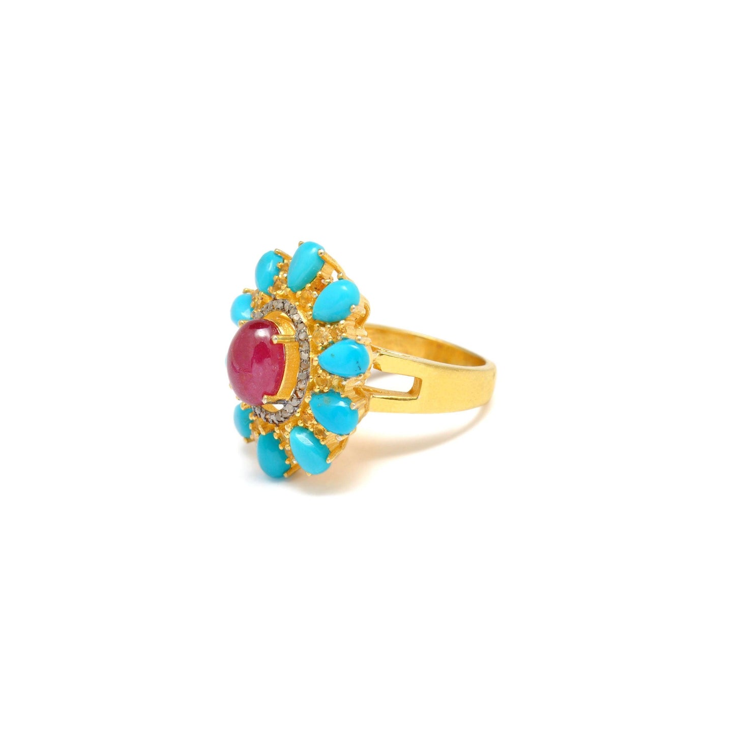 Victorian Ruby with Turquoise Silver Diamond Ring Size 7 - Kanika Creations