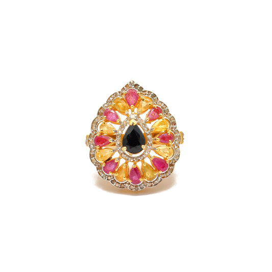 Multi Gemstone Diamond Victorian 18k Gold Ring Size 7 - Kanika Creations