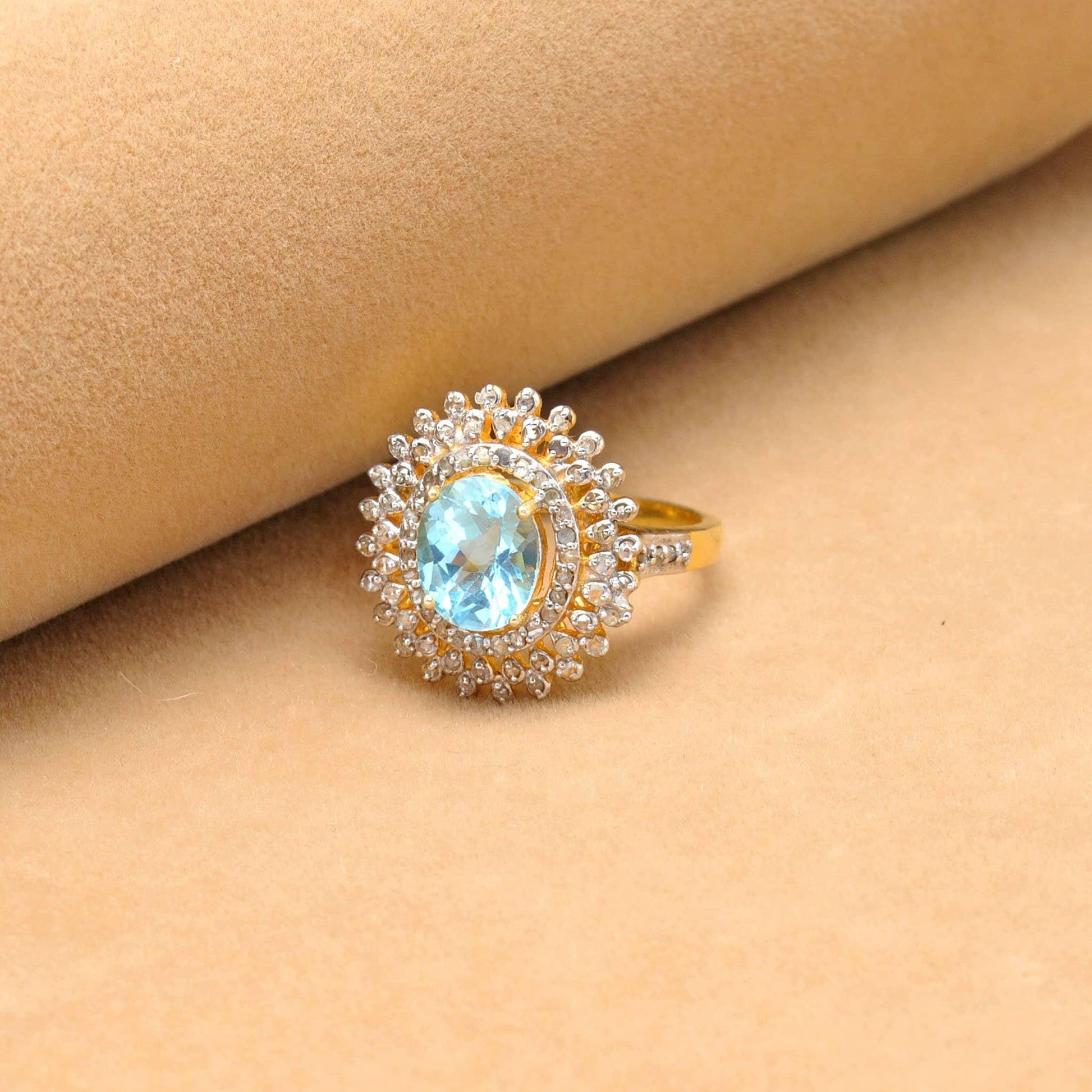 Sterling Silver Gold Plated Blue Topaz & Diamond Halo Victorian Ring 10 US - Kanika Creations