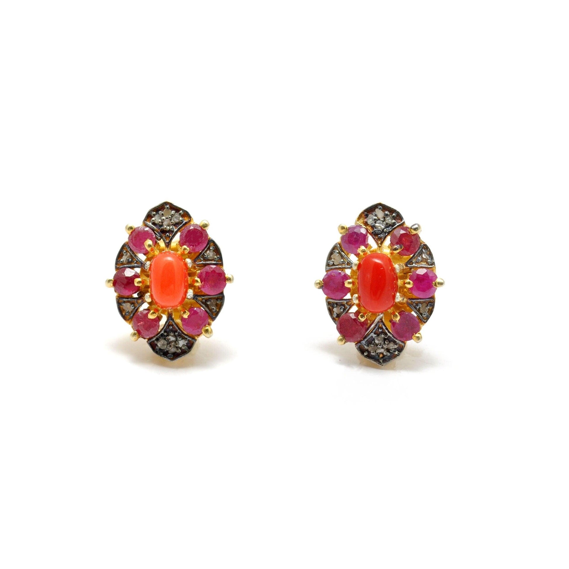 Victorian Coral with Ruby Pave Diamond Stud Earring - Kanika Creations