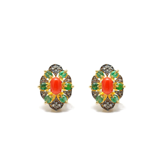 Coral Emerald & Pave Diamond Stud Earrings - Kanika Creations