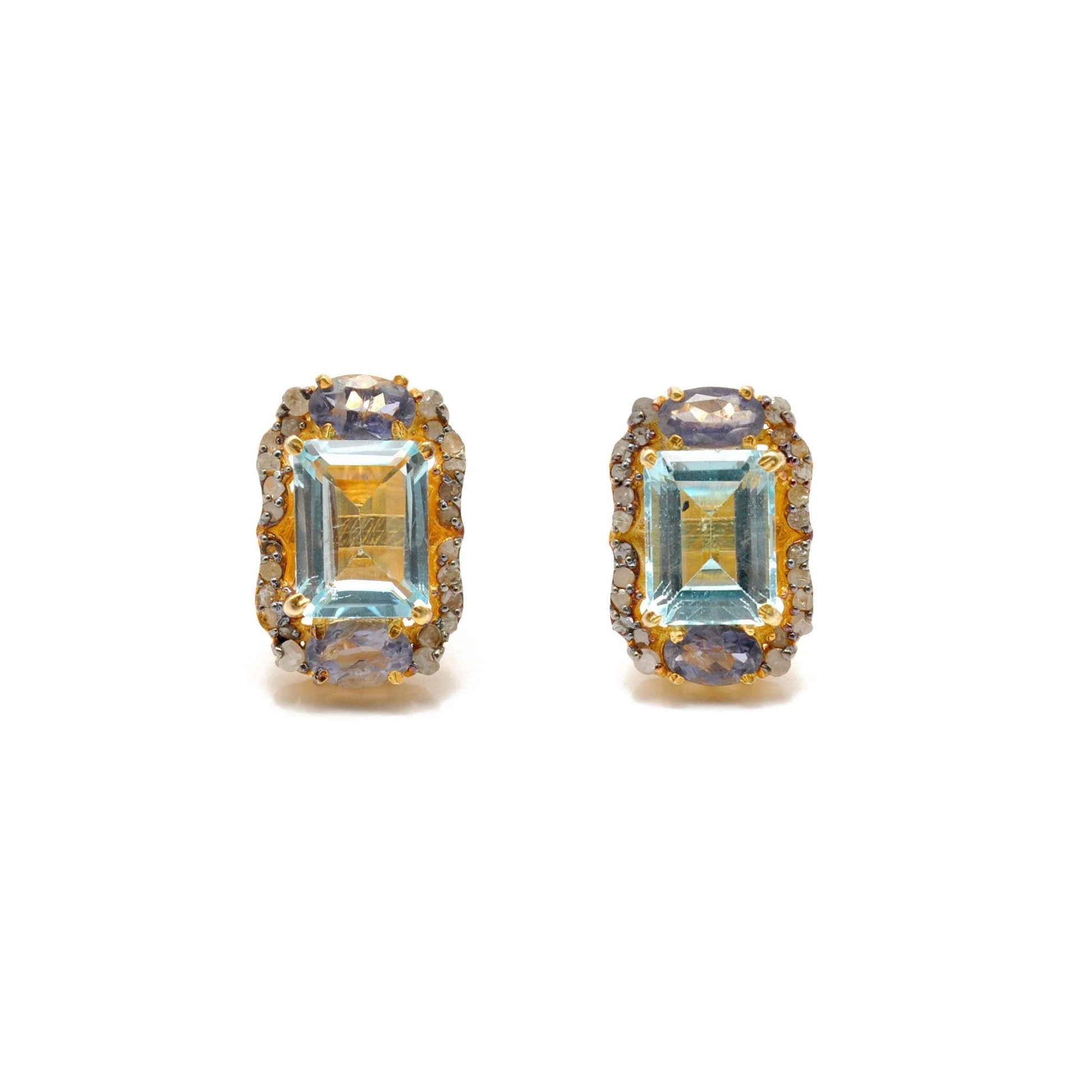 Blue Topaz Pave Diamond Earrings Stud Earring - Kanika Creations