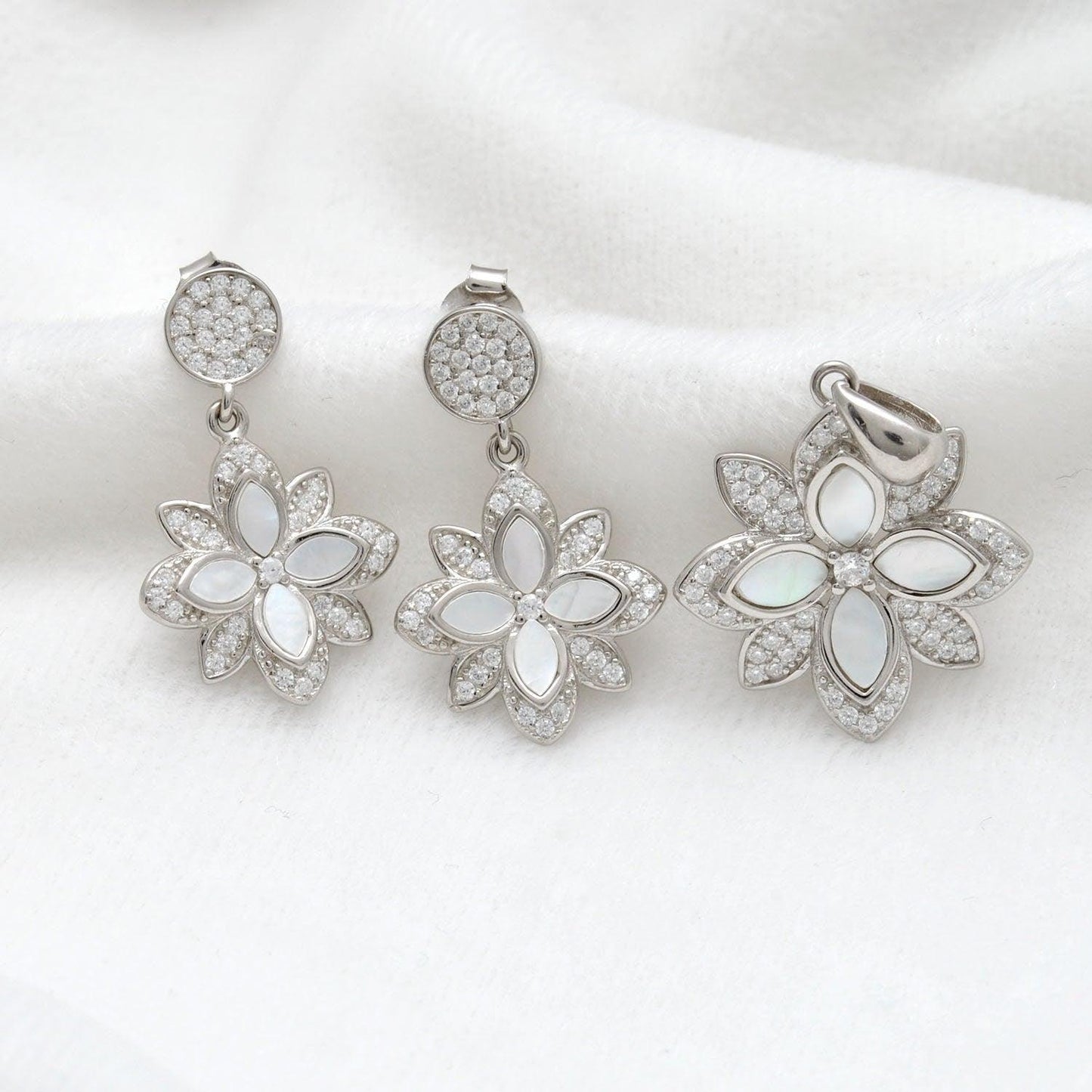 CZ Mother of Pearl Jewelry Set – Elegant Earrings & Pendant - Kanika Creations