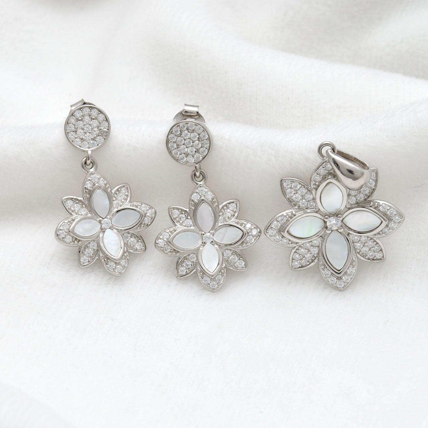 CZ Mother of Pearl Jewelry Set – Elegant Earrings & Pendant - Kanika Creations