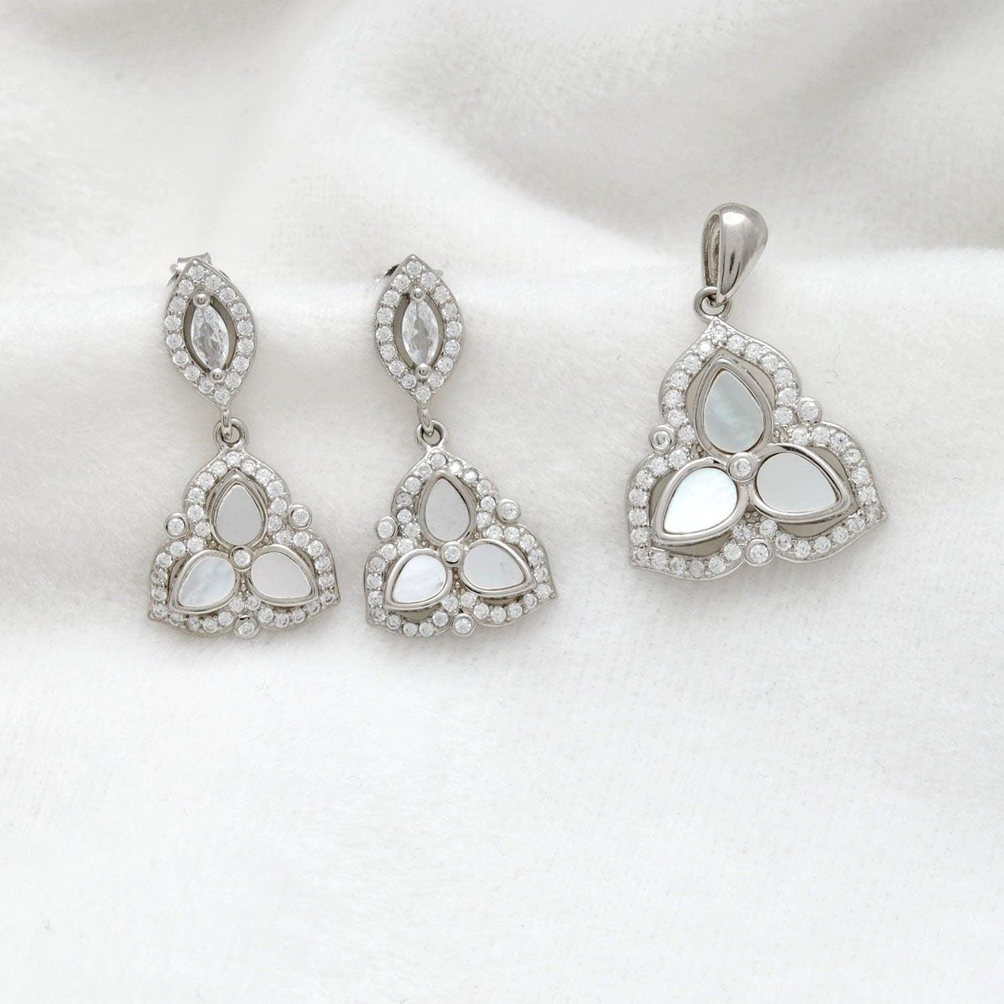925 Sterling Silver Mother of Pearl & Cubic Zirconia Pendant with Earrings Set - Kanika Creations