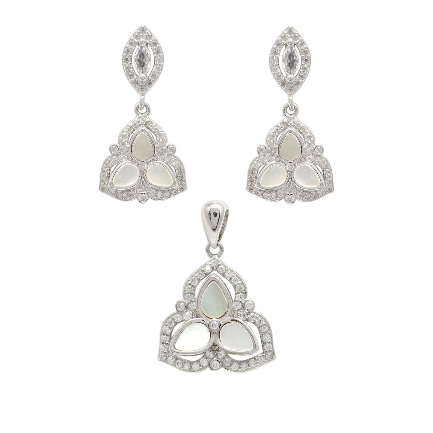 925 Sterling Silver Mother of Pearl & Cubic Zirconia Pendant with Earrings Set - Kanika Creations