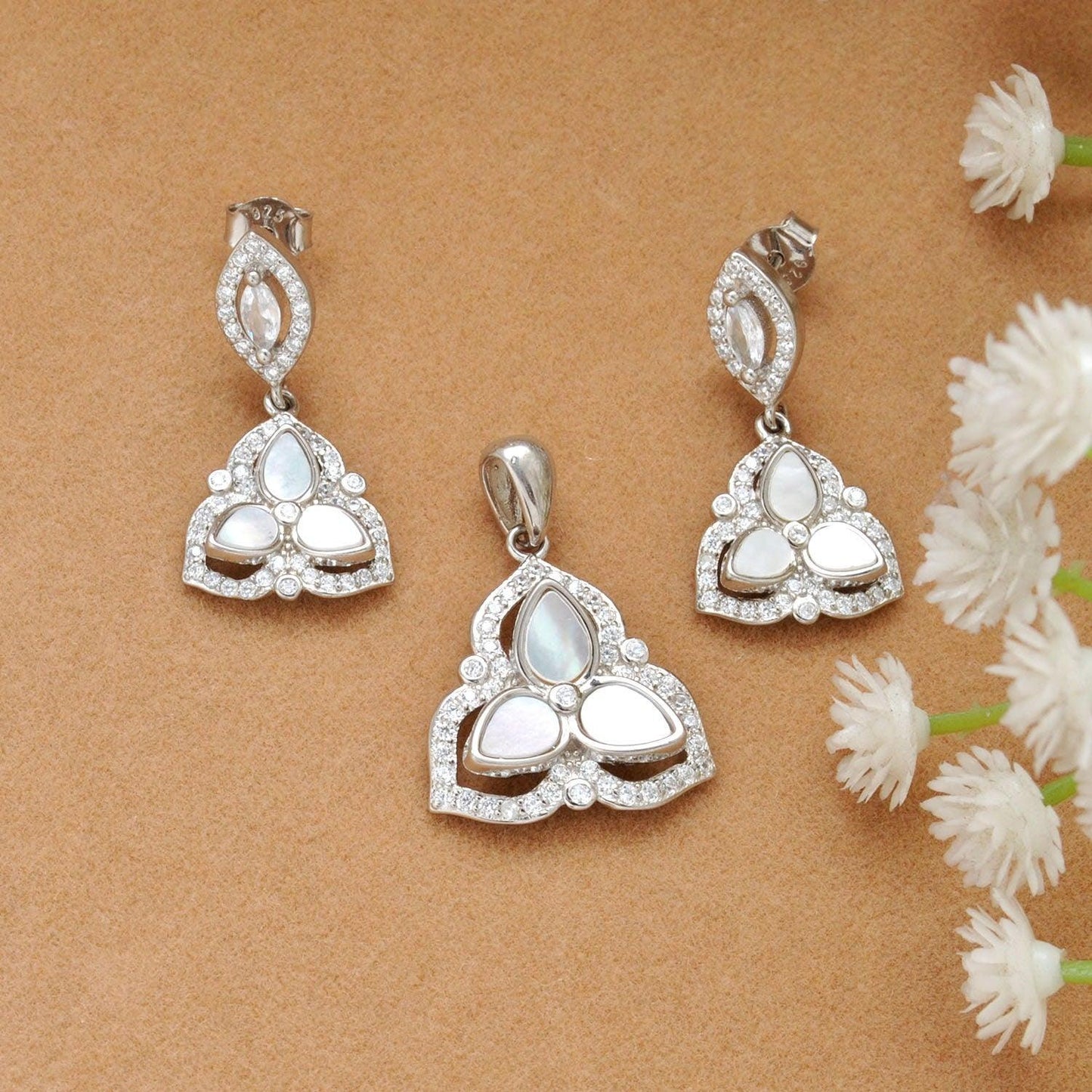 925 Sterling Silver Mother of Pearl & Cubic Zirconia Pendant with Earrings Set - Kanika Creations