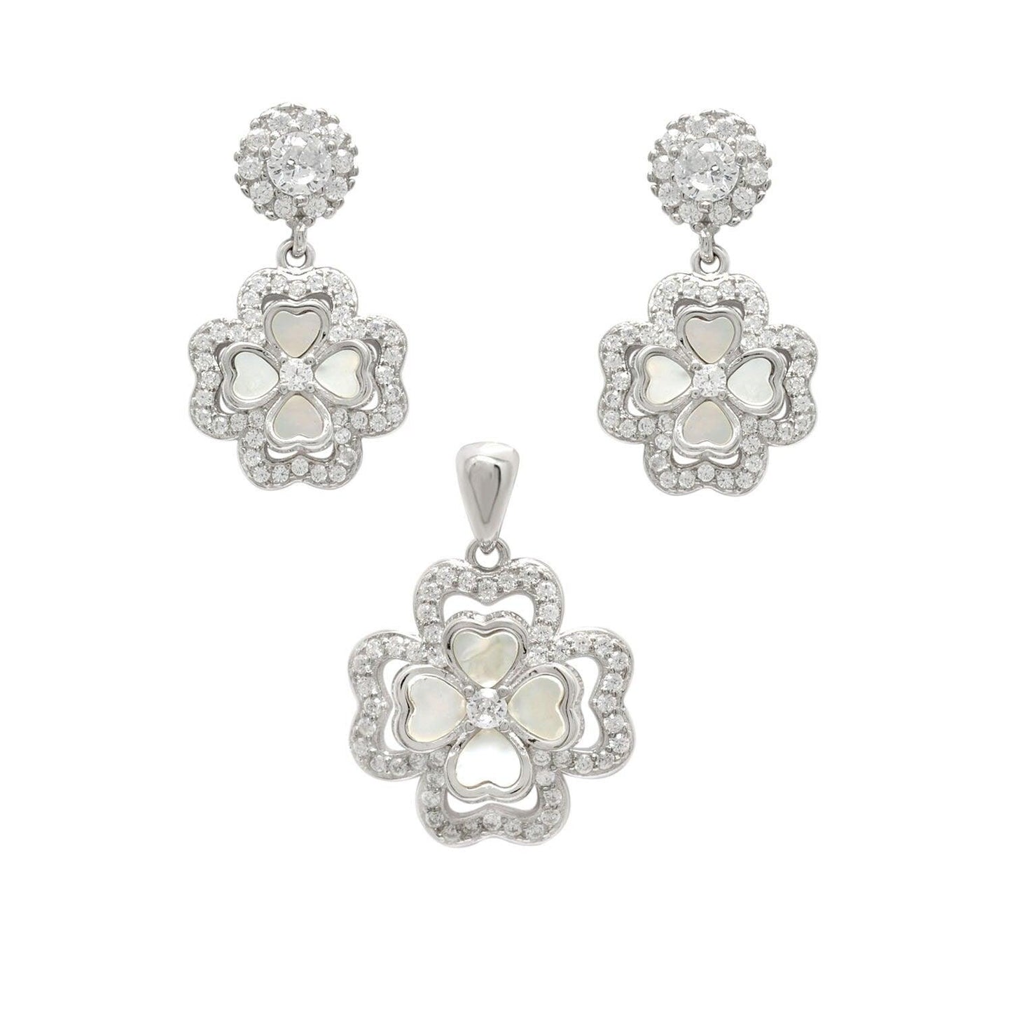 925 Sterling Silver Mother of Pearl & Cubic Zirconia Pendant with Earrings Set - Kanika Creations