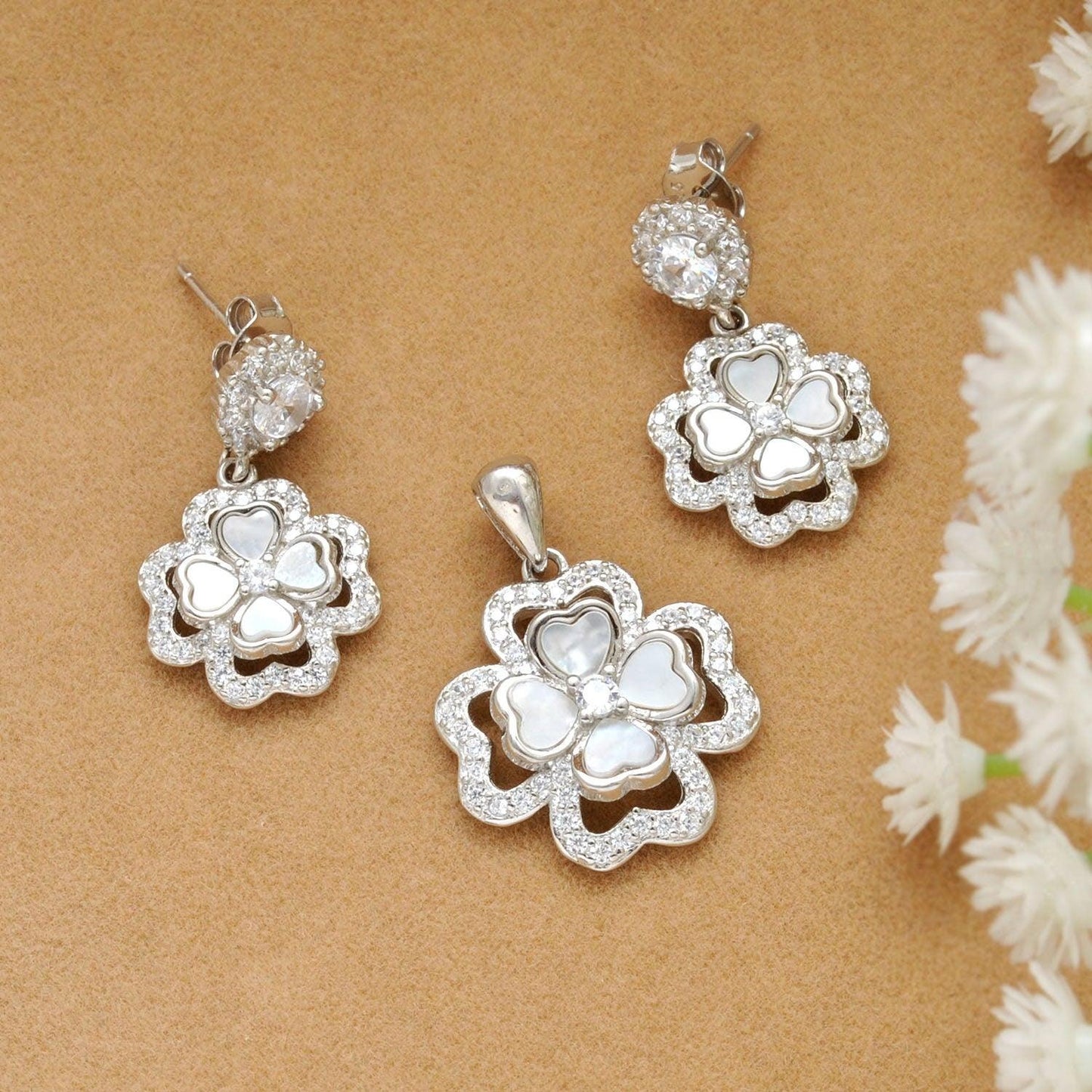 925 Sterling Silver Mother of Pearl & Cubic Zirconia Pendant with Earrings Set - Kanika Creations