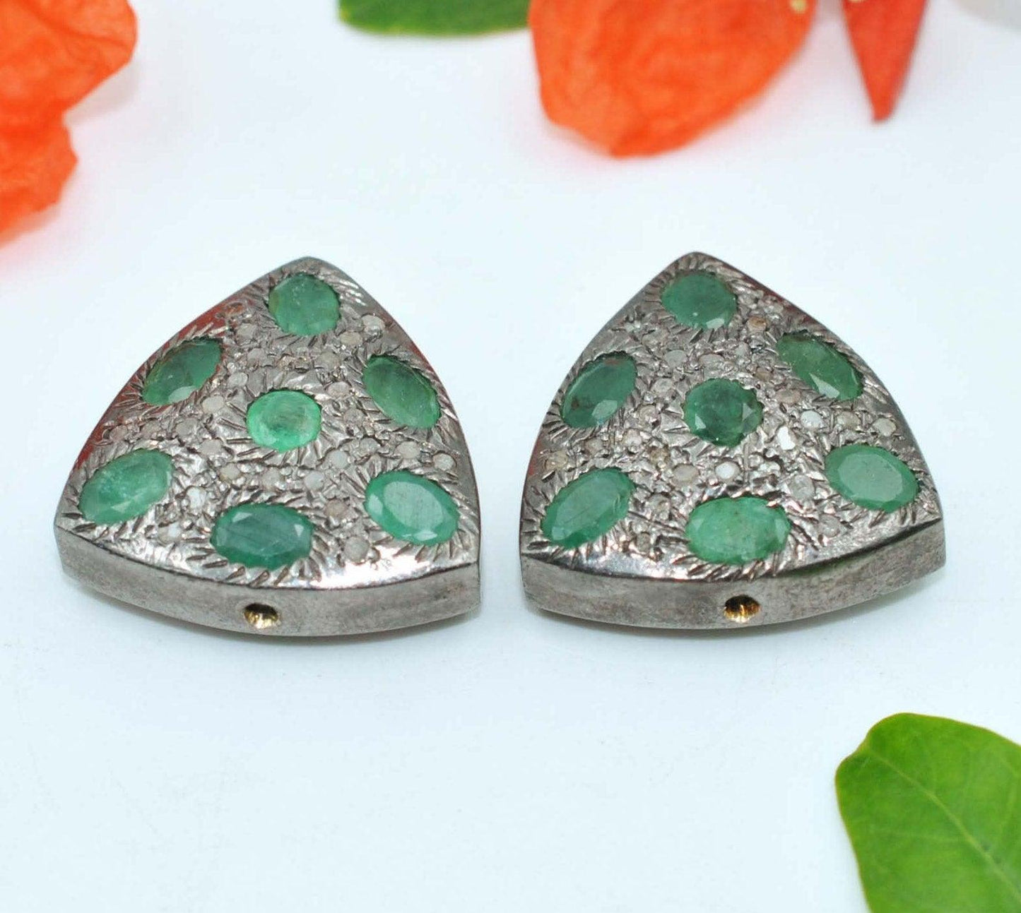 925 Sterling Silver Pave Diamond & Emerald Trillian Shape Beads - Kanika Creations