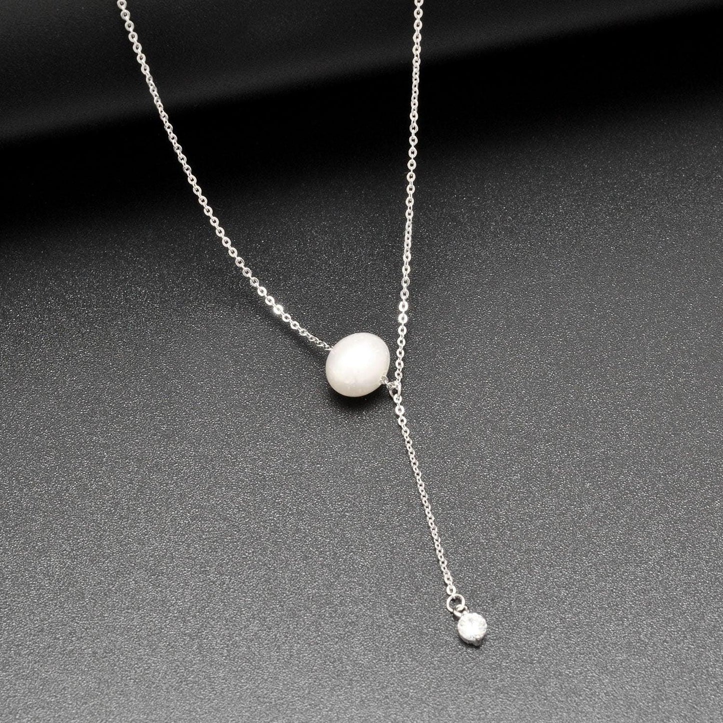Pearl CZ Lariat Necklace June Birthstone - Kanika Creations