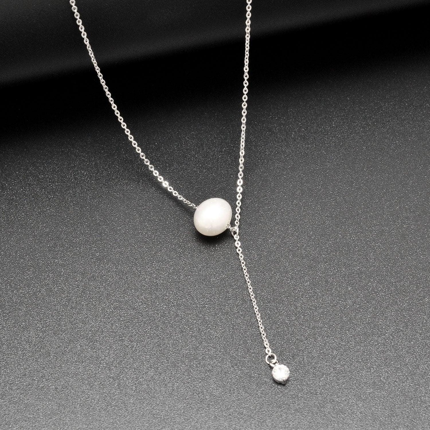 925 Sterling Silver Pearl & Cubic Zircon Lariat Necklace 20" - Kanika Creations