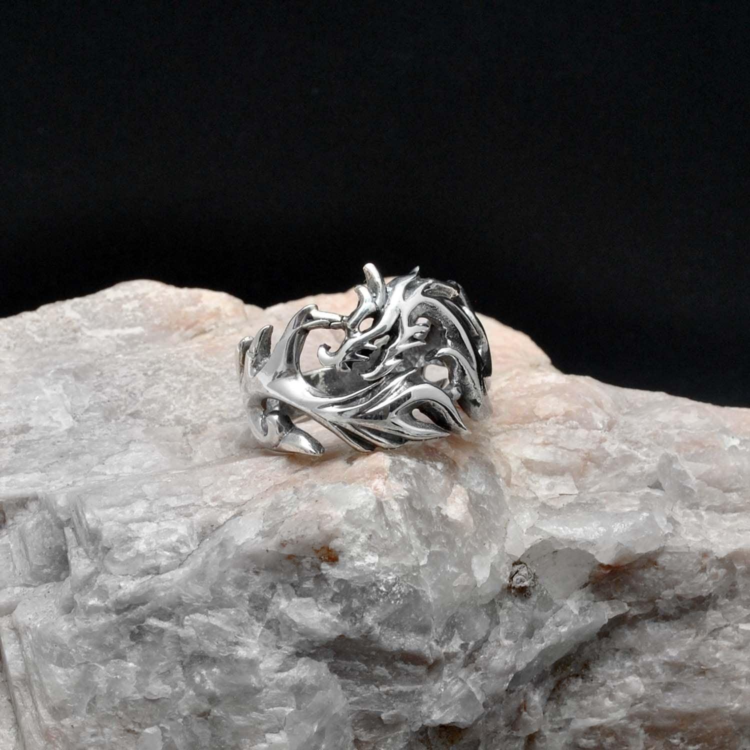 Silver Fierce Dragon Ring Size 9 - Kanika Creations