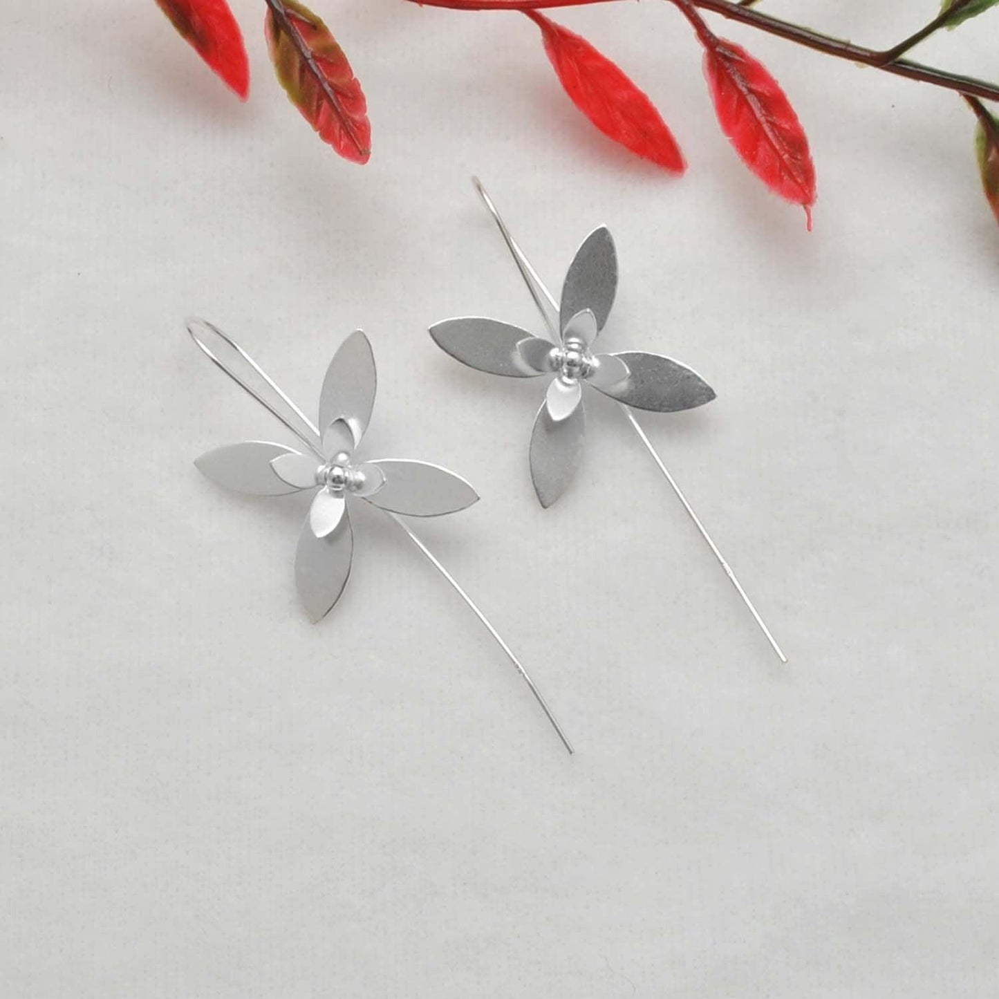Floral Silver Dangle Long Stem Earrings for Women - Kanika Creations