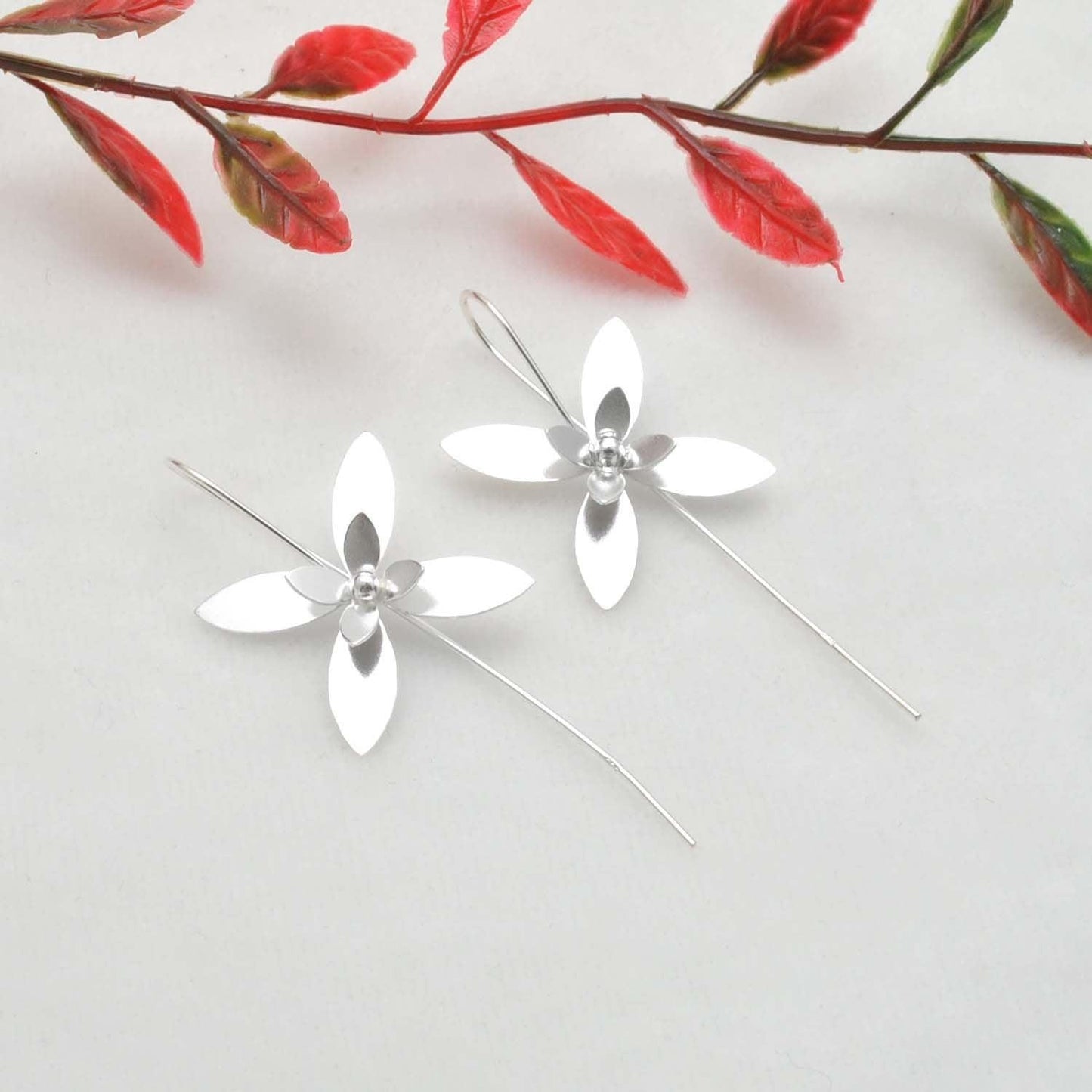 Floral Silver Dangle Long Stem Earrings for Women - Kanika Creations