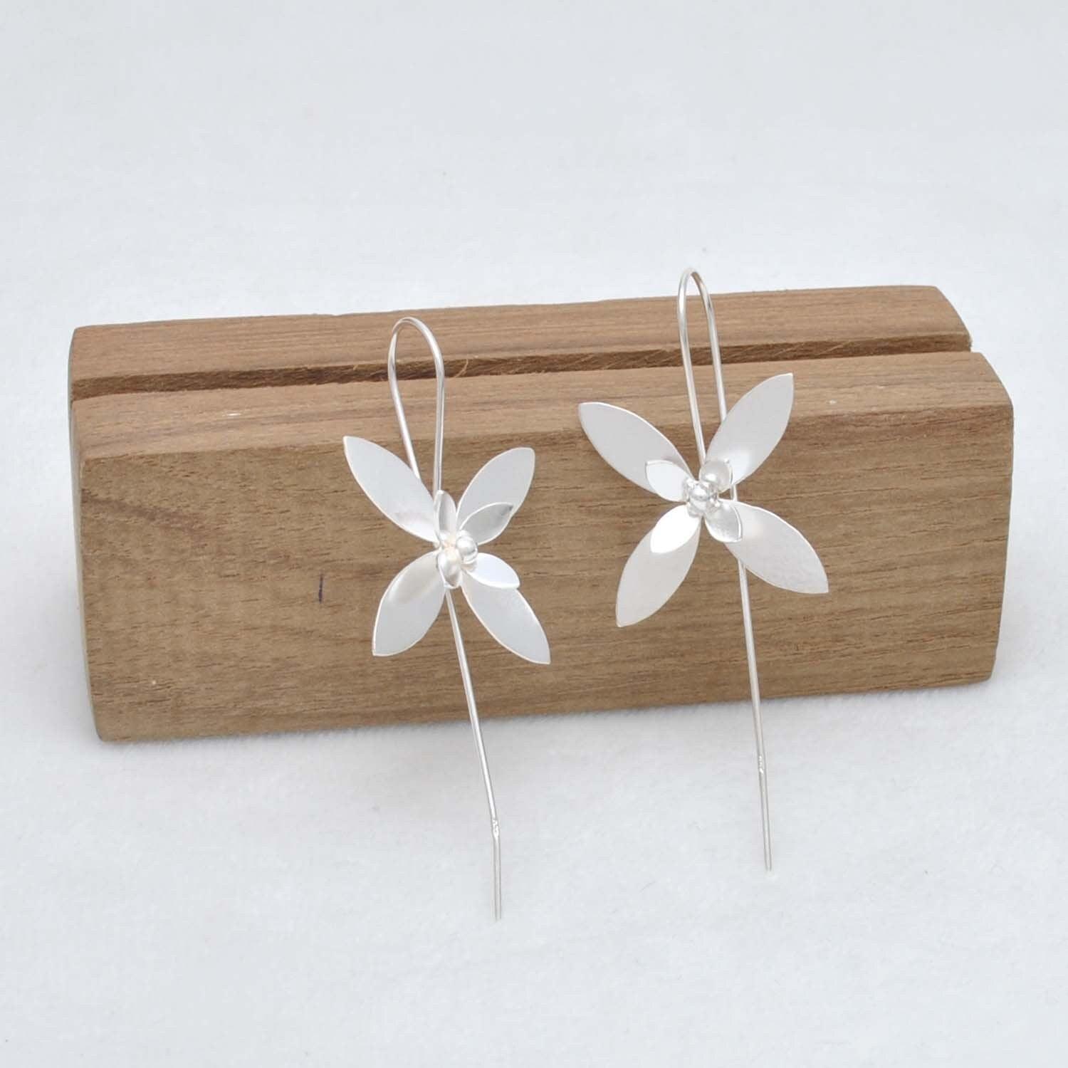 Floral Silver Dangle Long Stem Earrings for Women - Kanika Creations