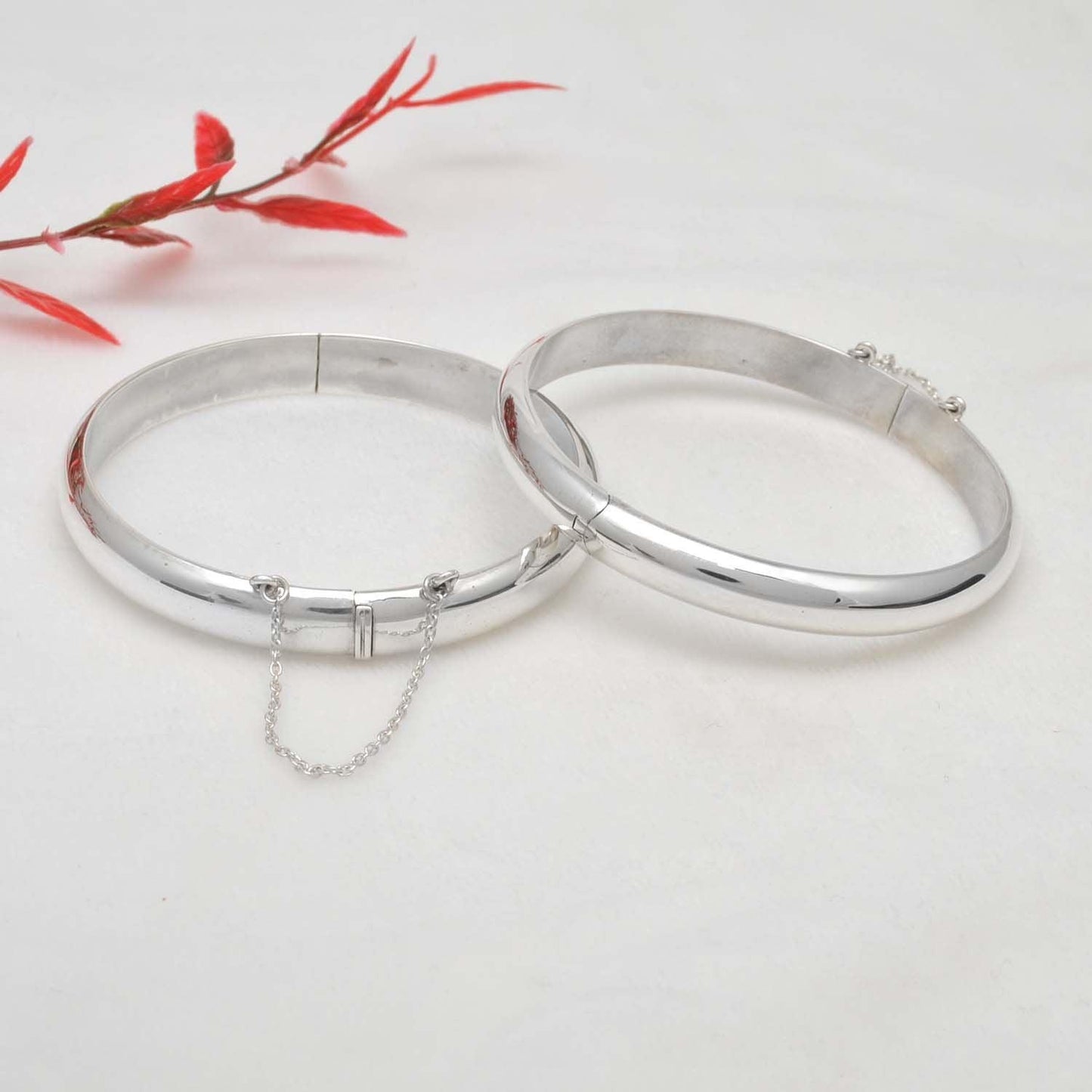 Silver Hinged Bangle Bracelet with Security Chain - 8mm/9mm - Kanika Creations