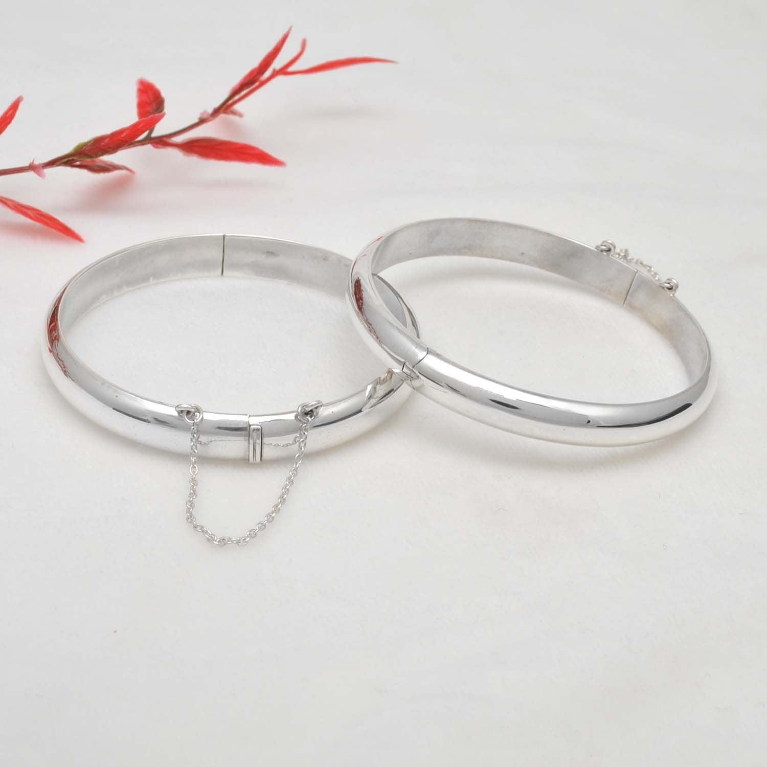 Silver Hinged Bangle Bracelet with Security Chain - 8mm/9mm - Kanika Creations