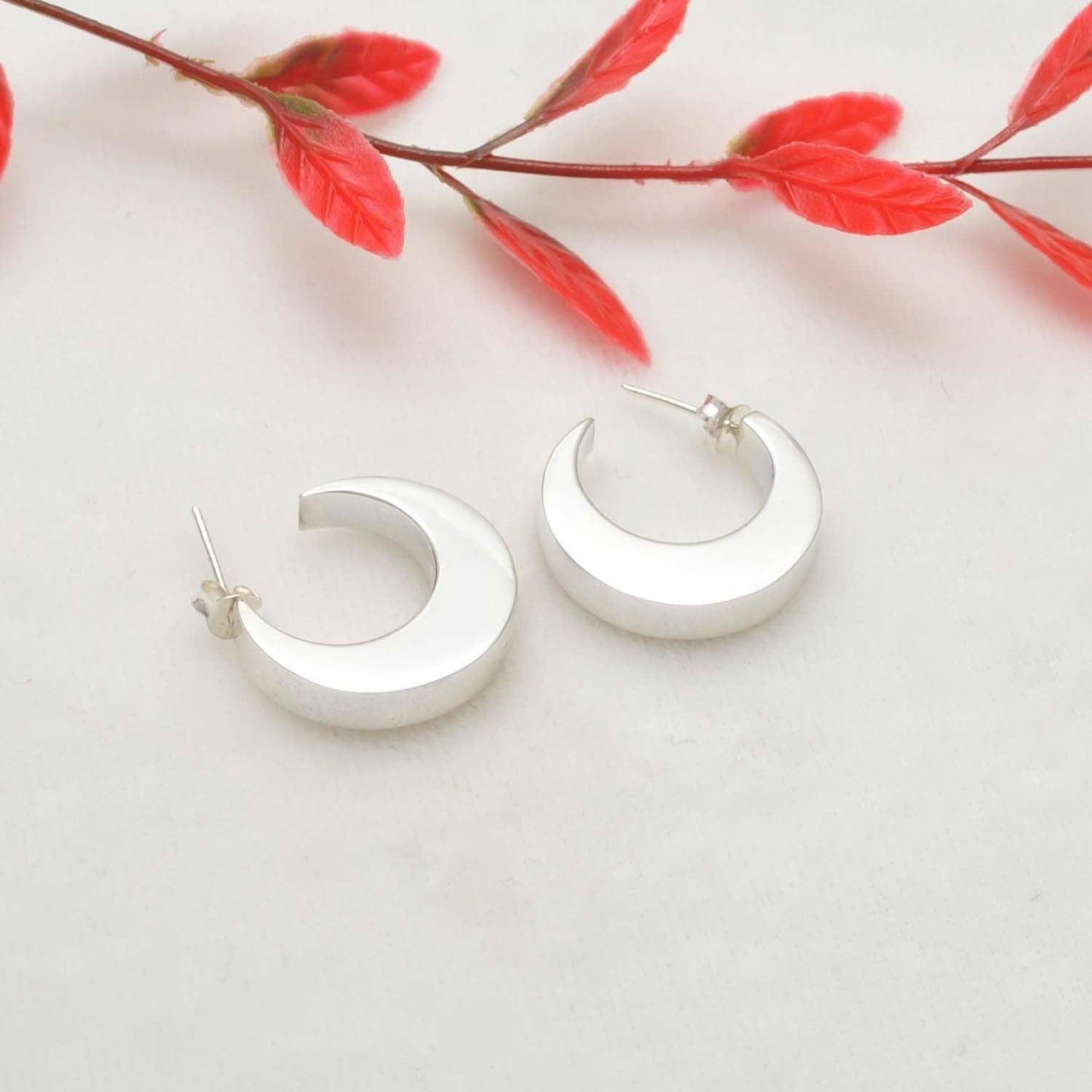 Crescent moon Huggie hoop silver earrings stud - Kanika Creations