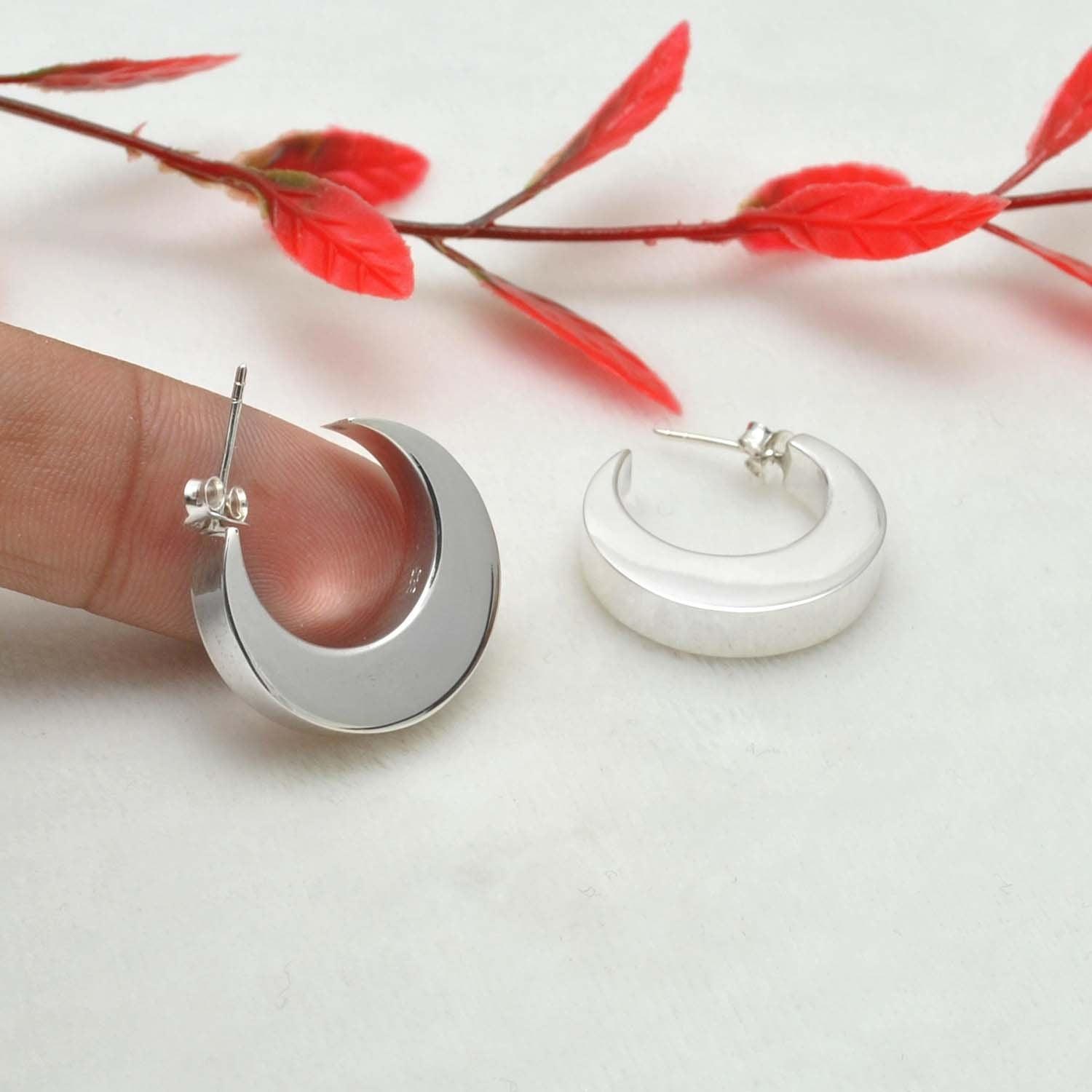 Crescent moon Huggie hoop silver earrings stud - Kanika Creations
