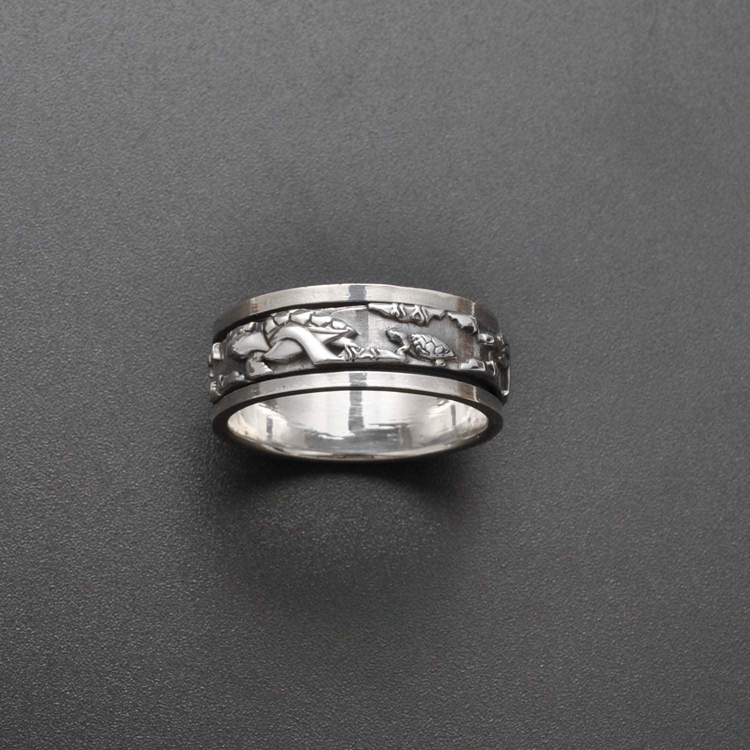 Spinner Sterling Silver Turtle Band Ring - Kanika Creations