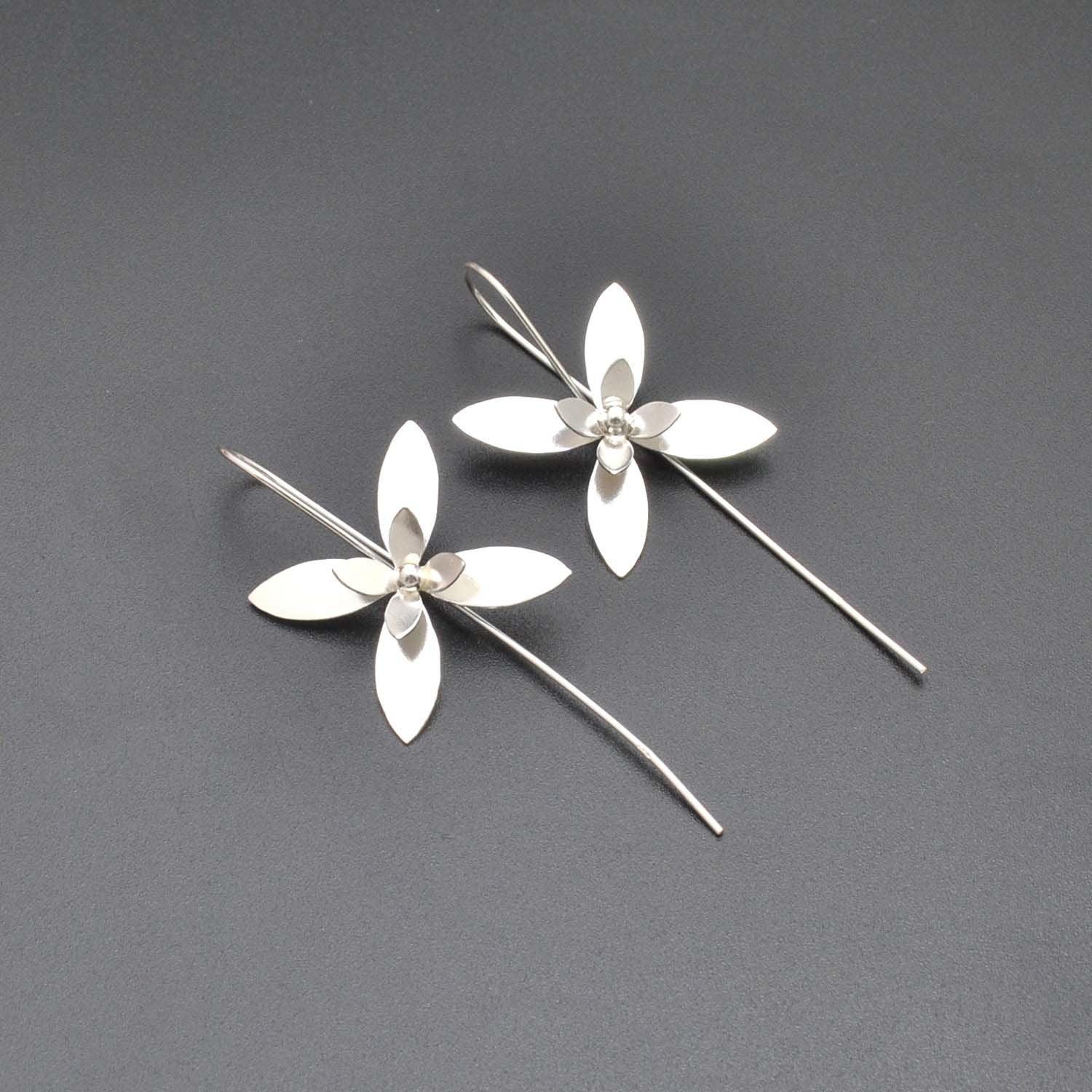 Floral Silver Dangle Long Stem Earrings for Women - Kanika Creations
