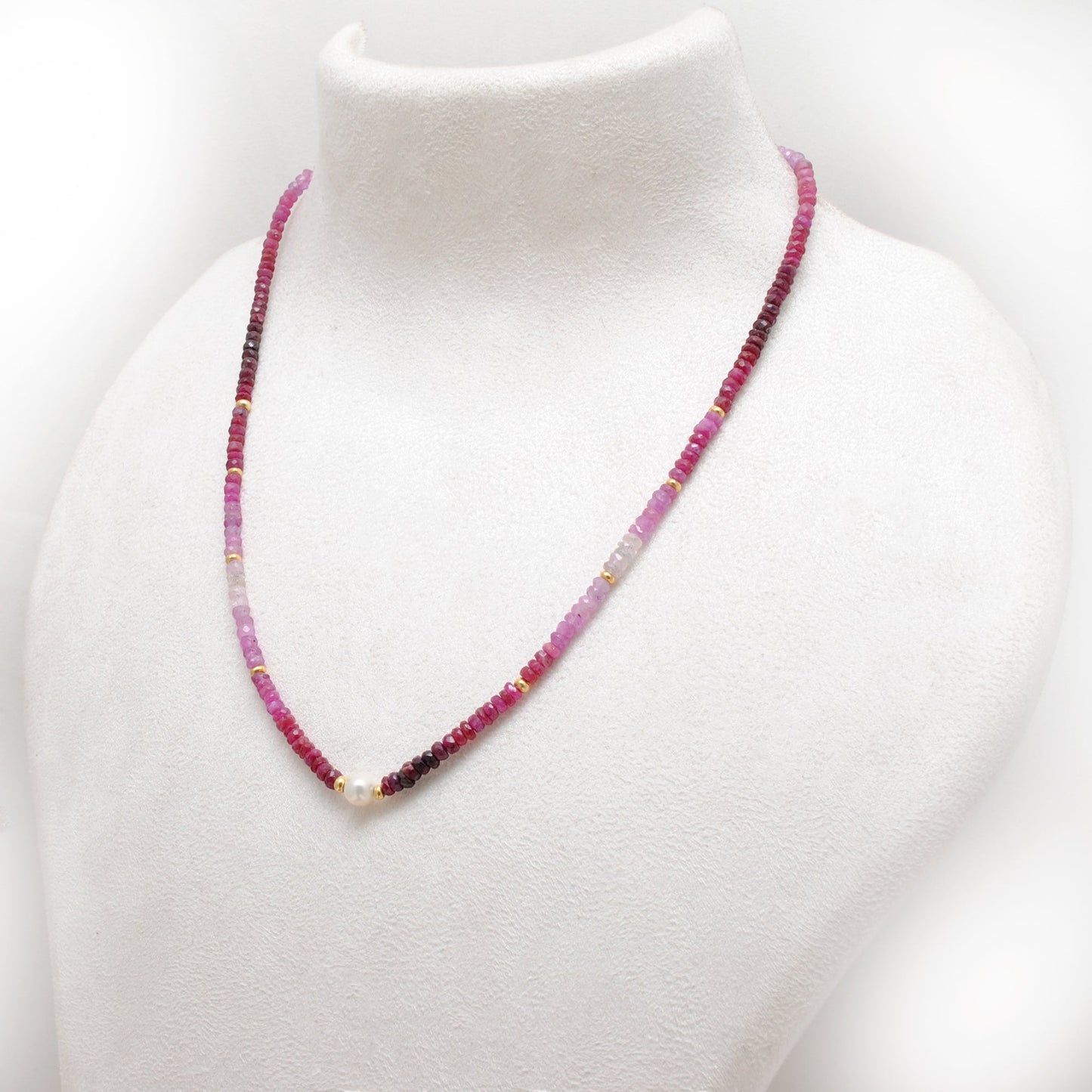 Natural Ruby Pearl Faceted Strand Necklace - Worn Neck View