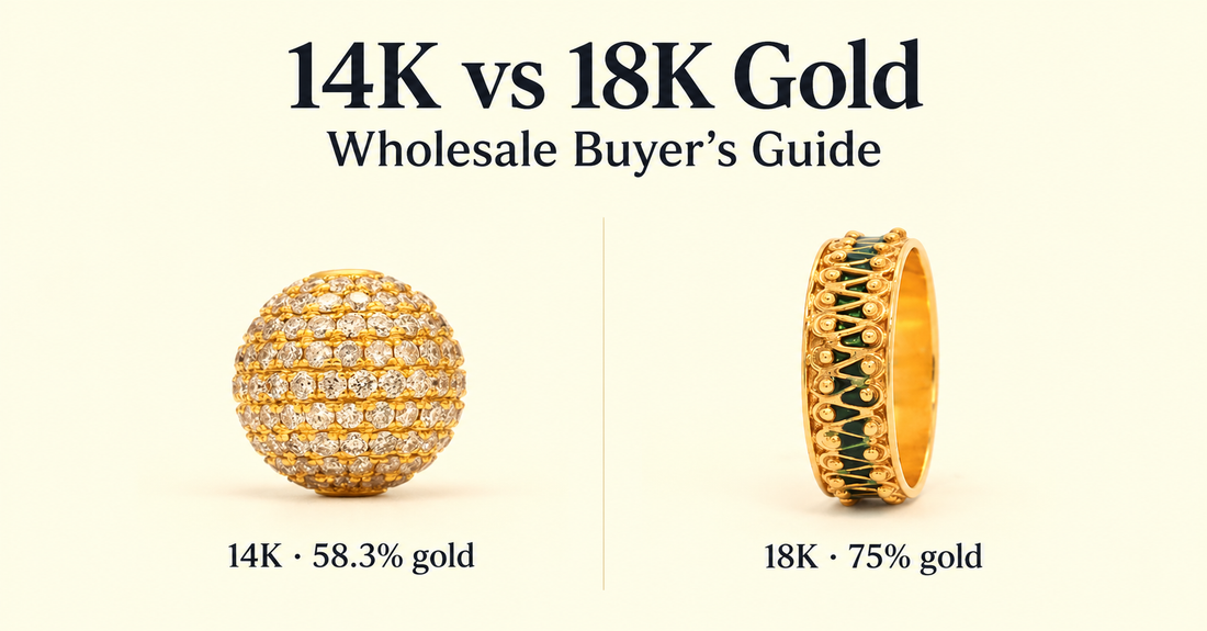 14K vs 18K gold jewelry comparison showing a 14K gold piece and an 18K gold piece for wholesale buyers.