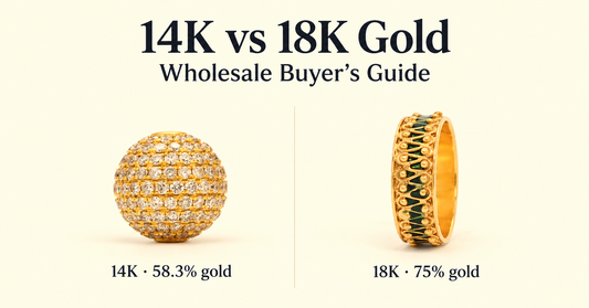 14K vs 18K gold jewelry comparison showing a 14K gold piece and an 18K gold piece for wholesale buyers.