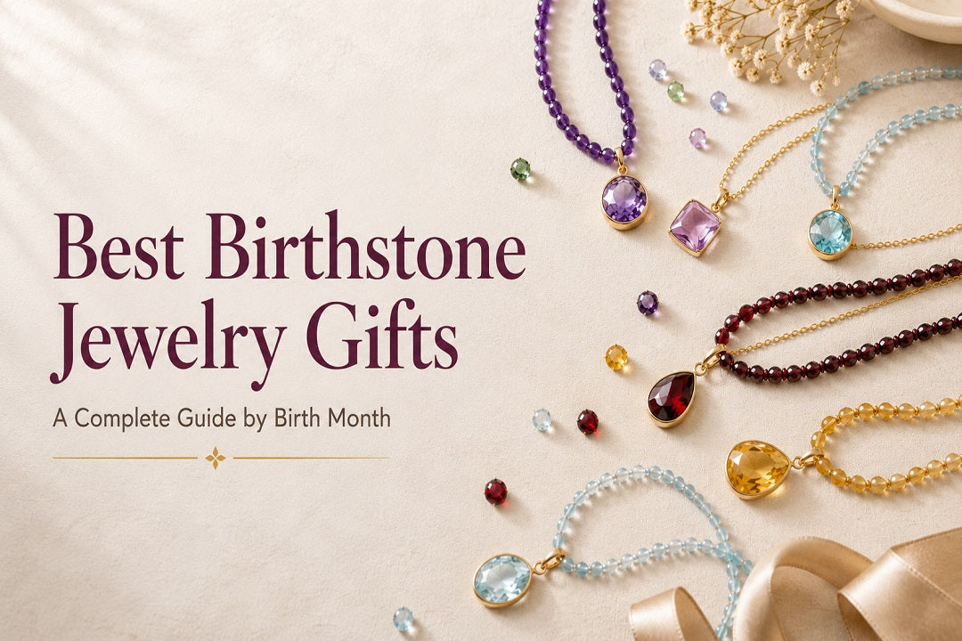 Best Birthstone Jewelry Gifts guide featuring gemstone bead necklaces with amethyst, sapphire, ruby, tanzanite, aquamarine, and citrine birthstones