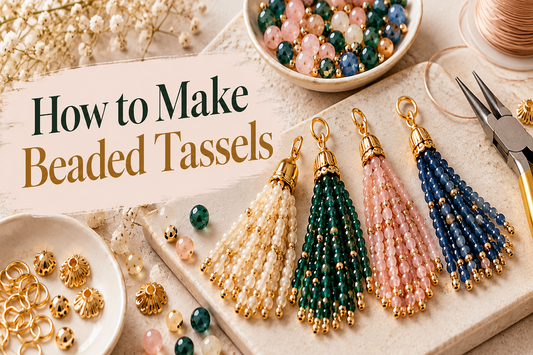 Beaded tassels made with gemstone beads, gold spacers and bead caps for jewellery making