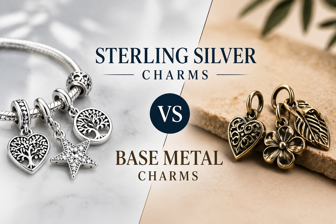 Sterling silver charms vs base metal charms side-by-side comparison showing polished silver and bronze charm designs