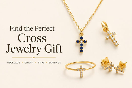 Find the perfect cross jewelry gift with a comparison of a cross necklace, charm, ring, and earrings in 14K gold and sterling silver.