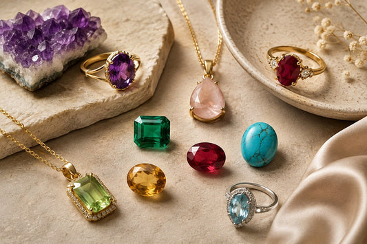 Natural gemstones and gemstone jewelry representing traditional meanings, history, and symbolism.