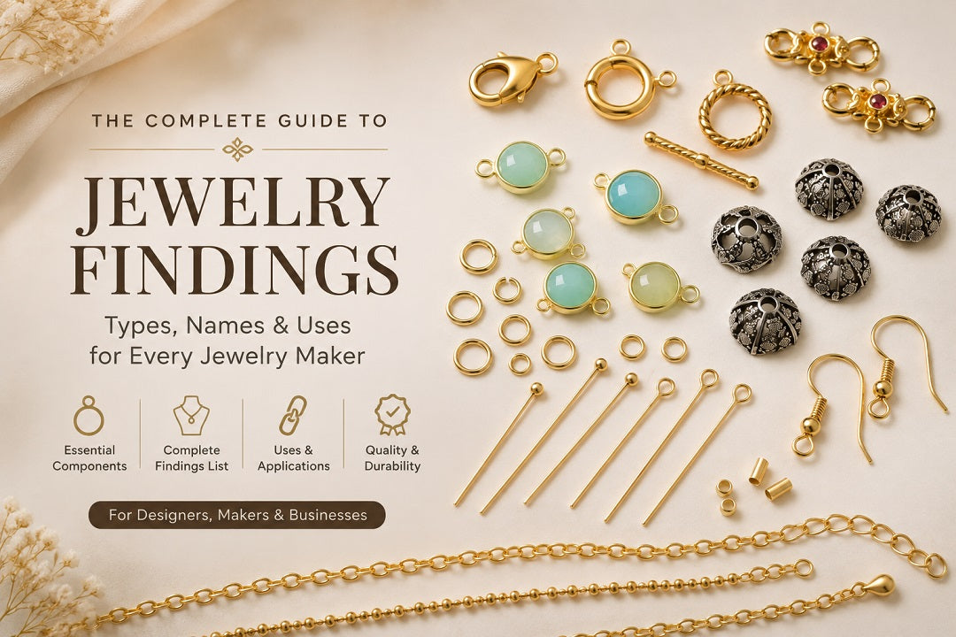 Types of jewelry findings with clasps, jump rings, connectors, bead caps, ear wires, headpins and chains for jewelry making.