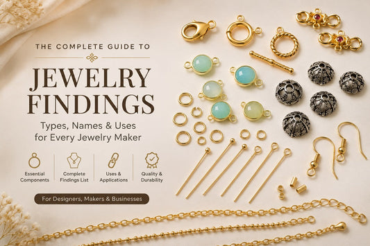 Types of jewelry findings with clasps, jump rings, connectors, bead caps, ear wires, headpins and chains for jewelry making.
