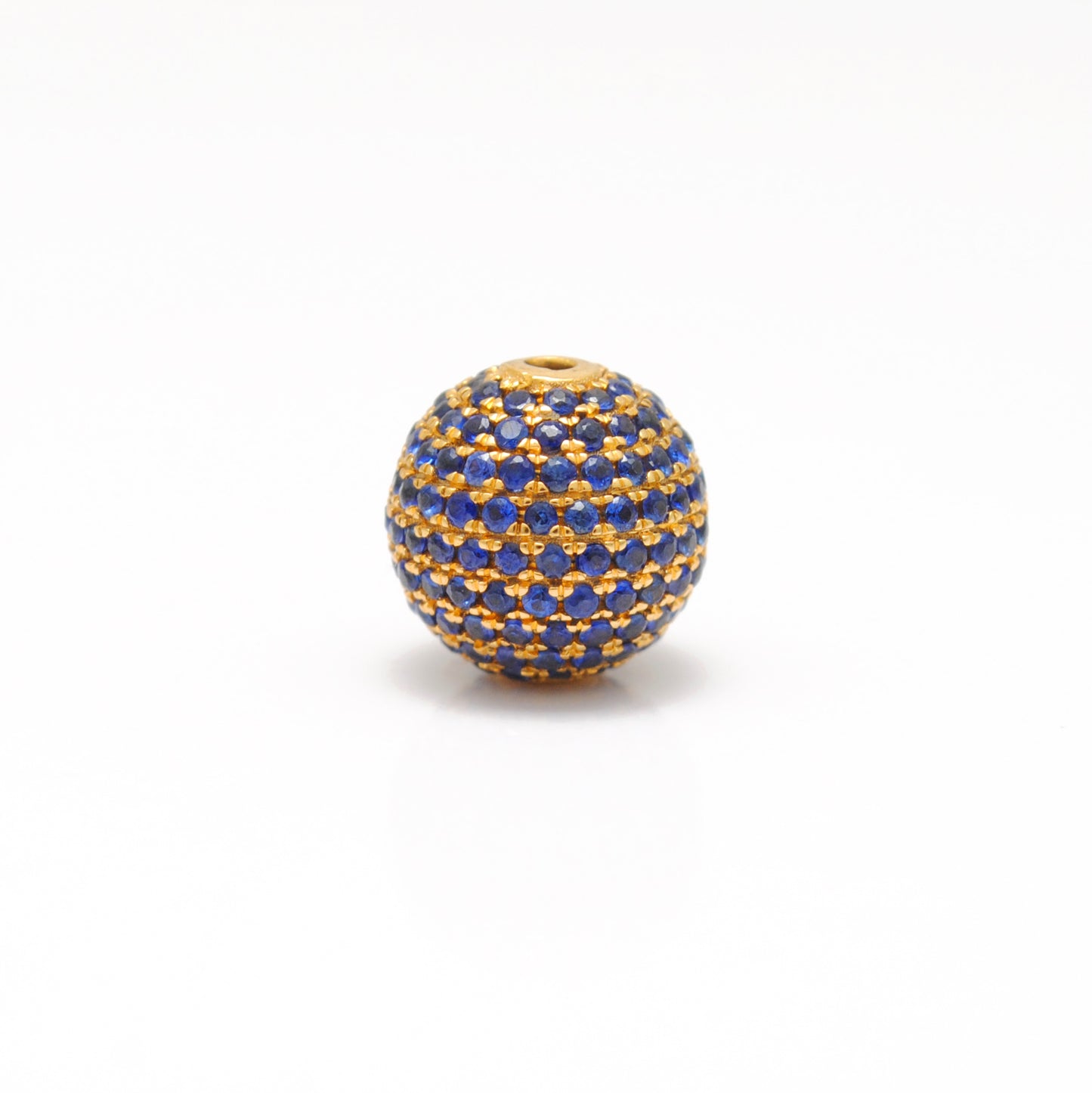 10mm Natural Blue Sapphire Pavé 14K Solid Gold Ball Spacer Bead – Front View