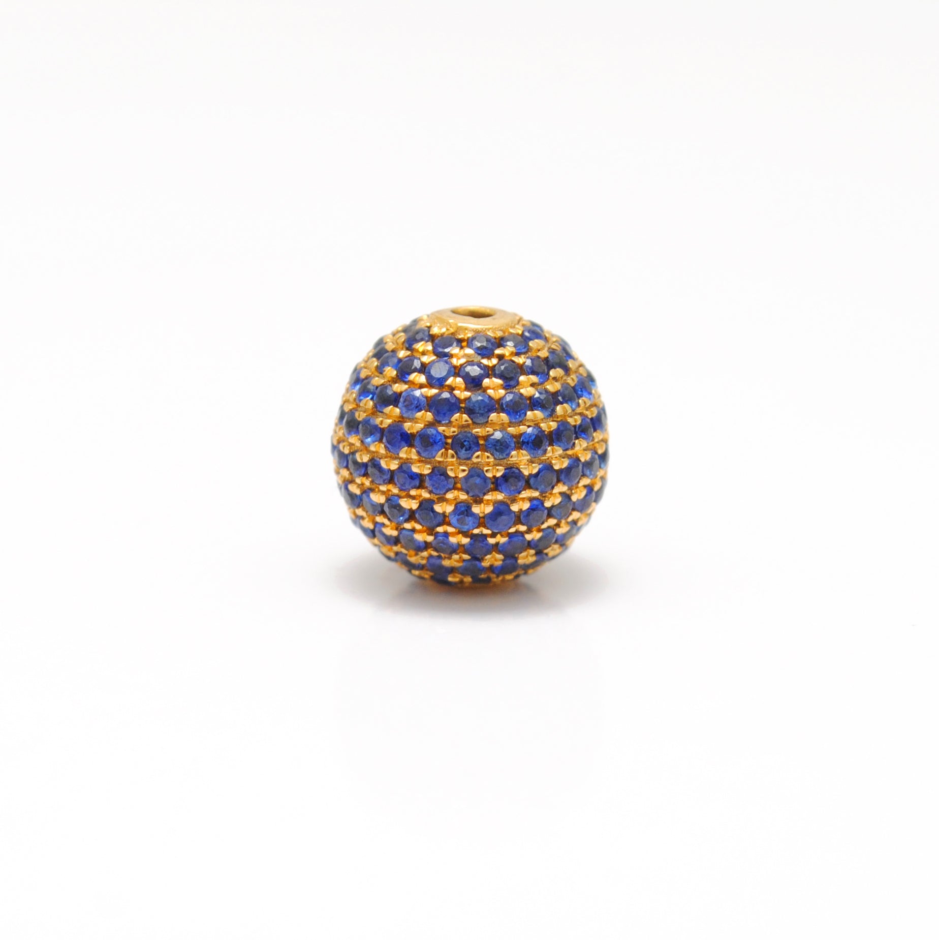 10mm Natural Blue Sapphire Pavé 14K Solid Gold Ball Spacer Bead – Front View